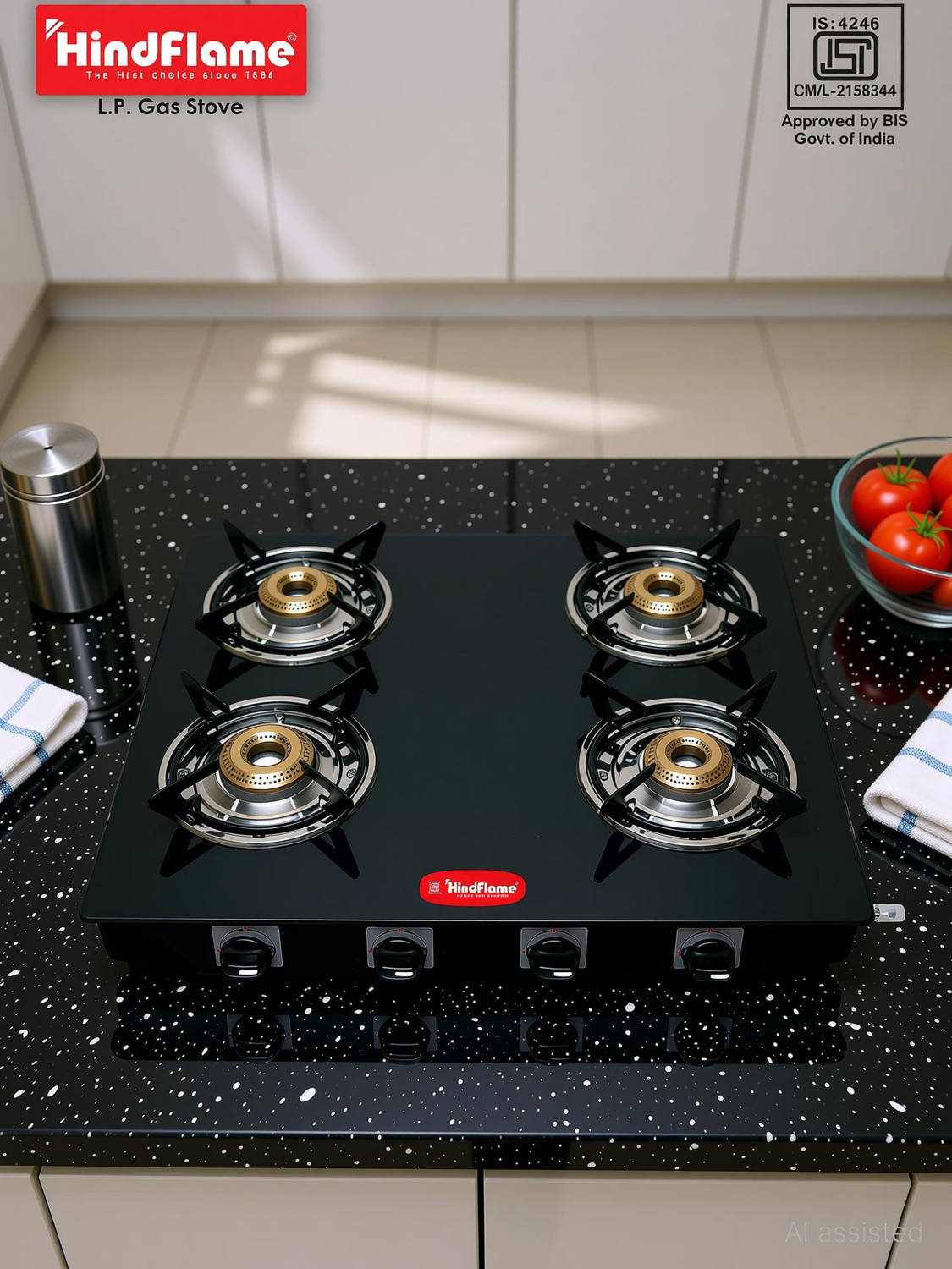 Image of Hindflame 4 Burner Pixel BP Black Toughened Glass Manual Gas Stove