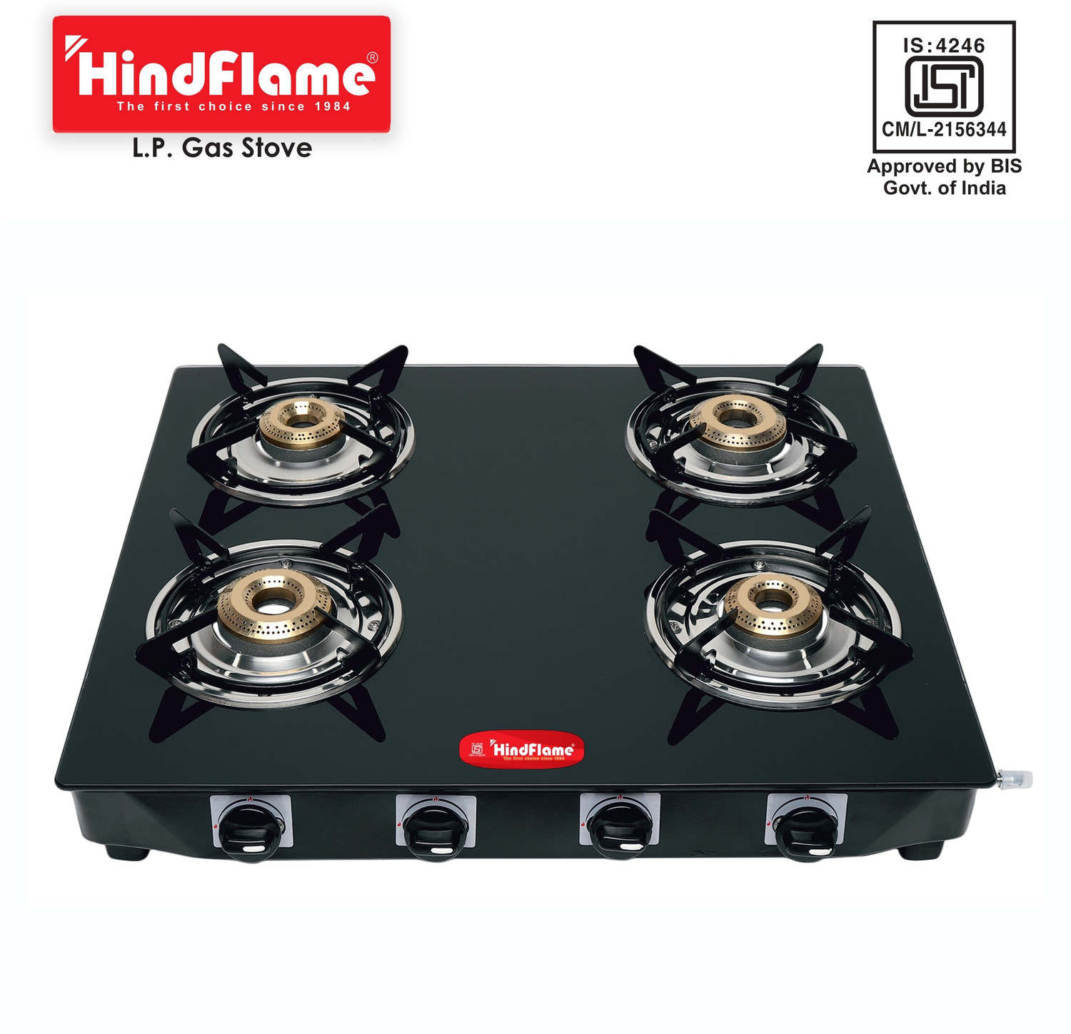 Image of Hindflame 4 Burner Pixel BP Black Toughened Glass Manual Gas Stove