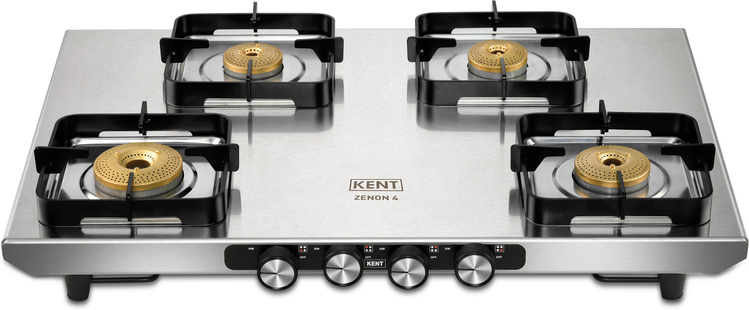 Image of KENT Zenon Gas Stove 4 Burner | Toughened SS Top 2mm | SABAF Italian Gas Valve Stainless Steel Manual Gas Stove