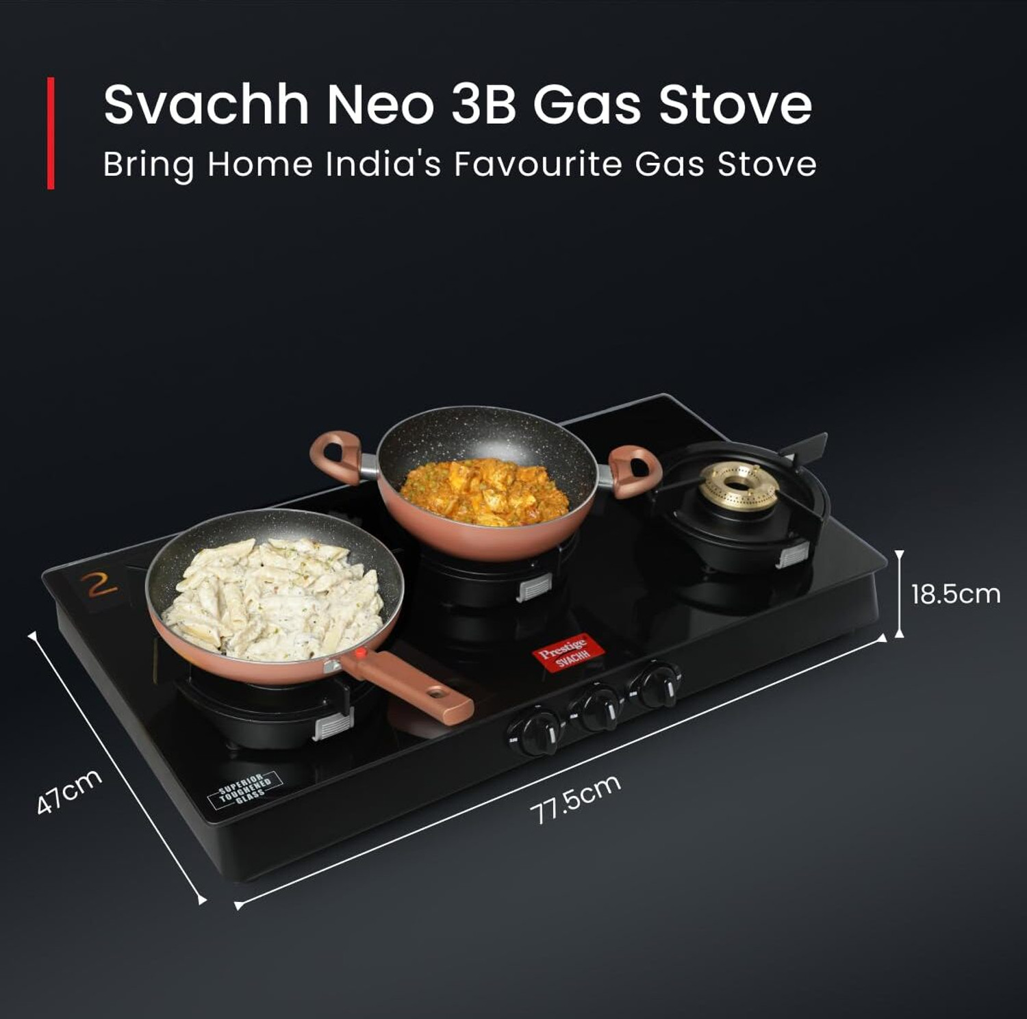Image of Prestige Svachh Neo Series 3 Burner Glasstop | Liftable Burner Glass Manual Gas Stove