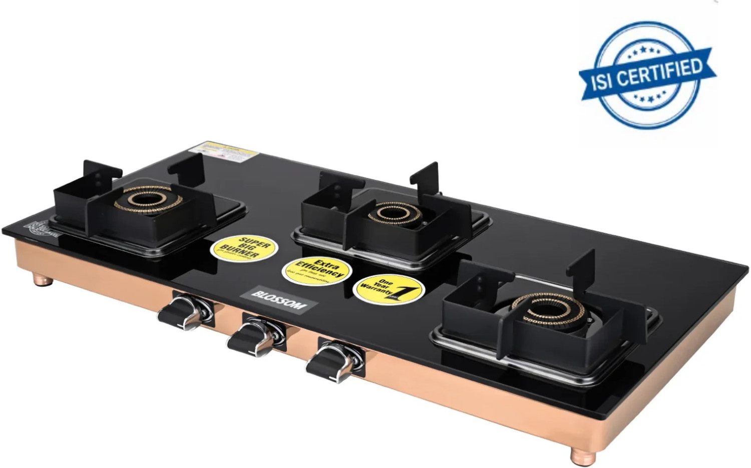 Image of BLOSSOM 3 Burner Gas Stove, Rose Gold Glass Top Cooktop Stainless Steel Manual Gas Stove (3 Burners)