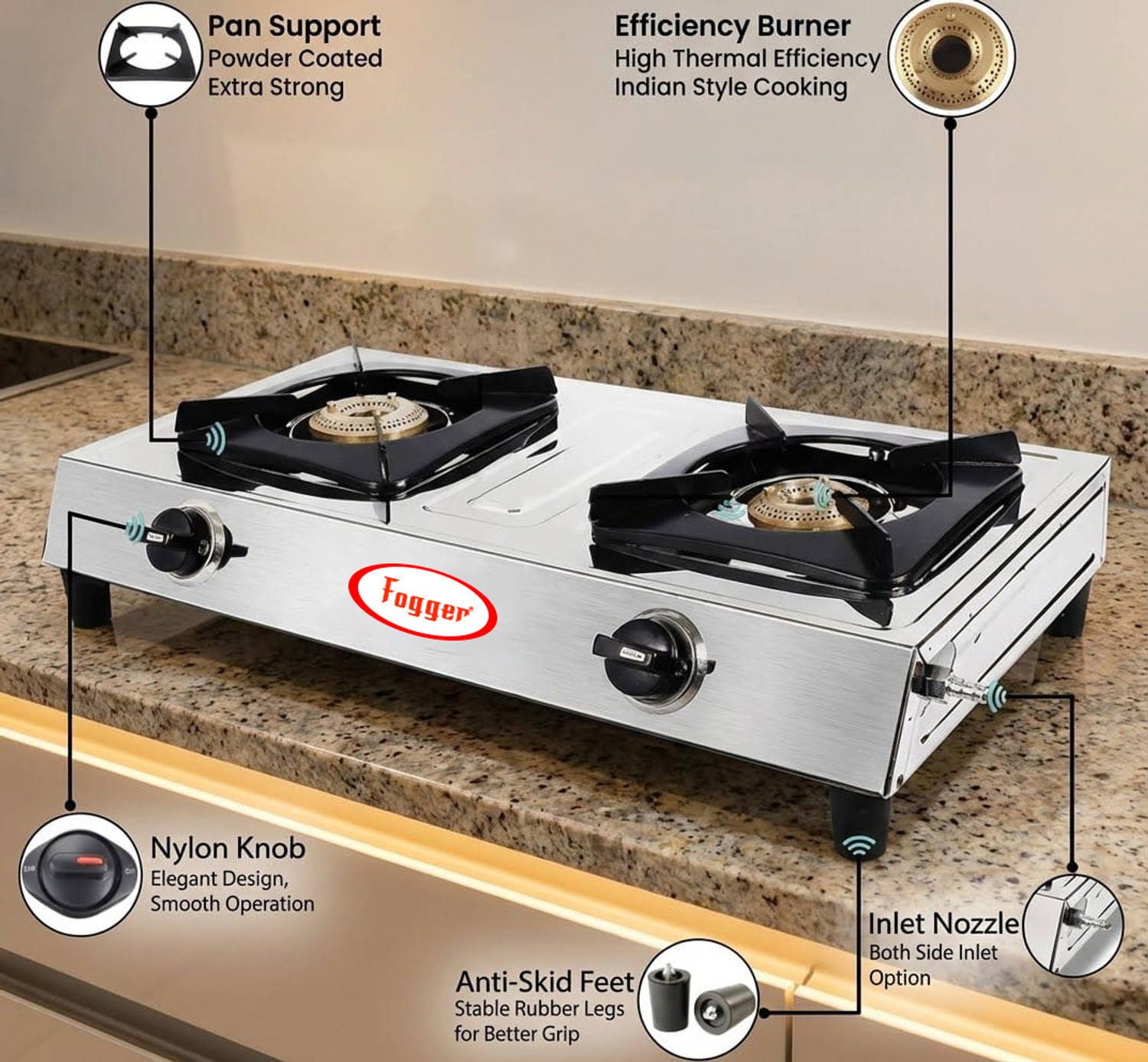 Image of Fogger Two Burner LPG Chulha With CI Burners Stainless Steel Manual Gas Stove