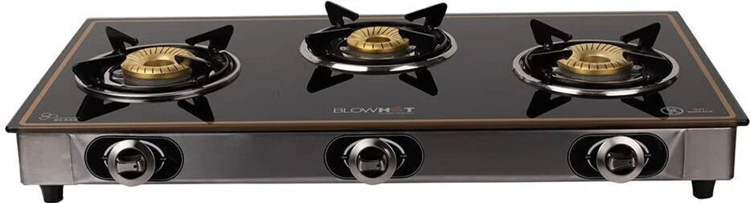 Image of BLOWHOT 3 Burners Auto Ignition 1 Year Warranty Brass Coated Iron Burner Glass, Iron Manual Gas Stove