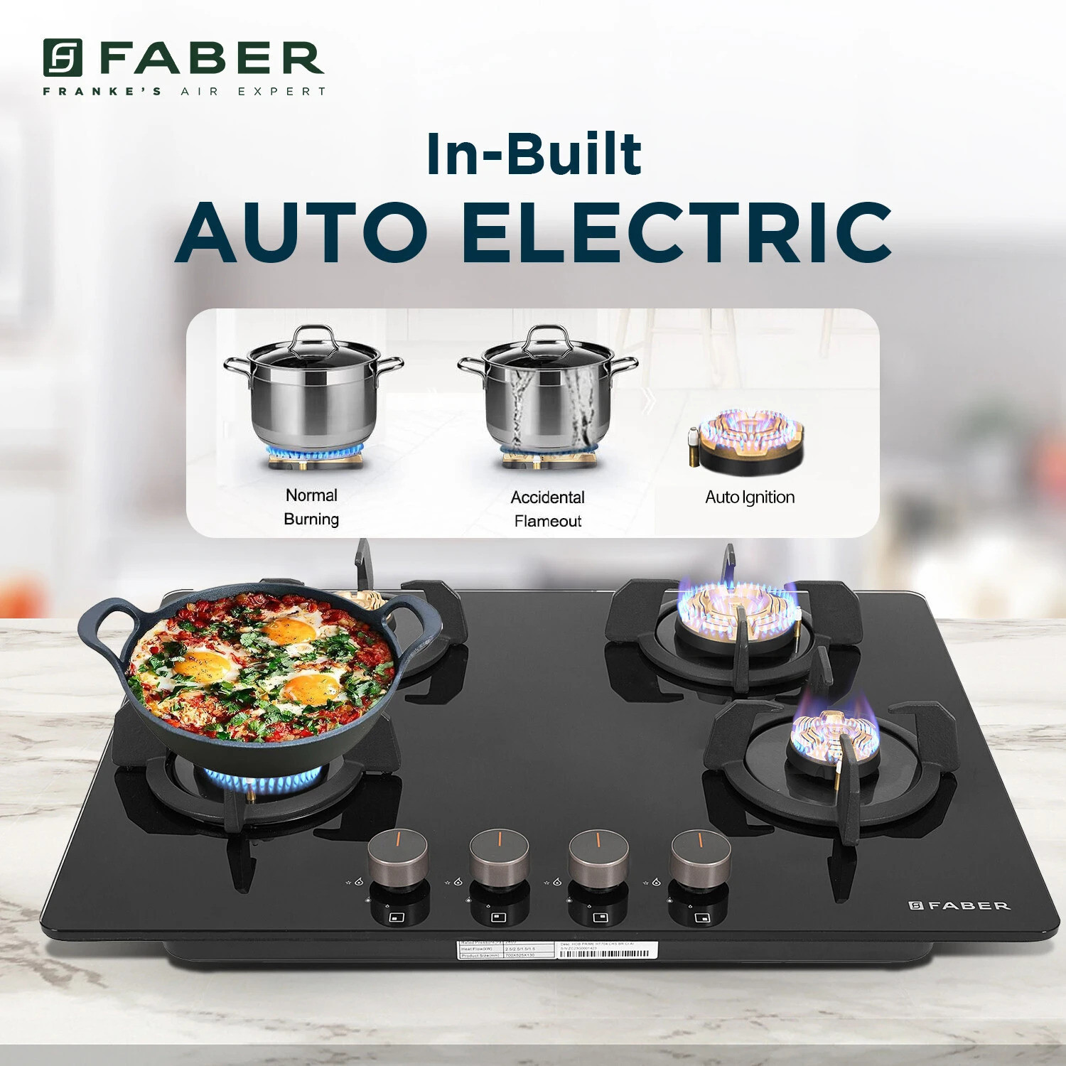 Image of FABER Prime HT704 CRS BR CI AI |Brass Burners|Metal Knobs |cast iron pan support | Glass Automatic Hob