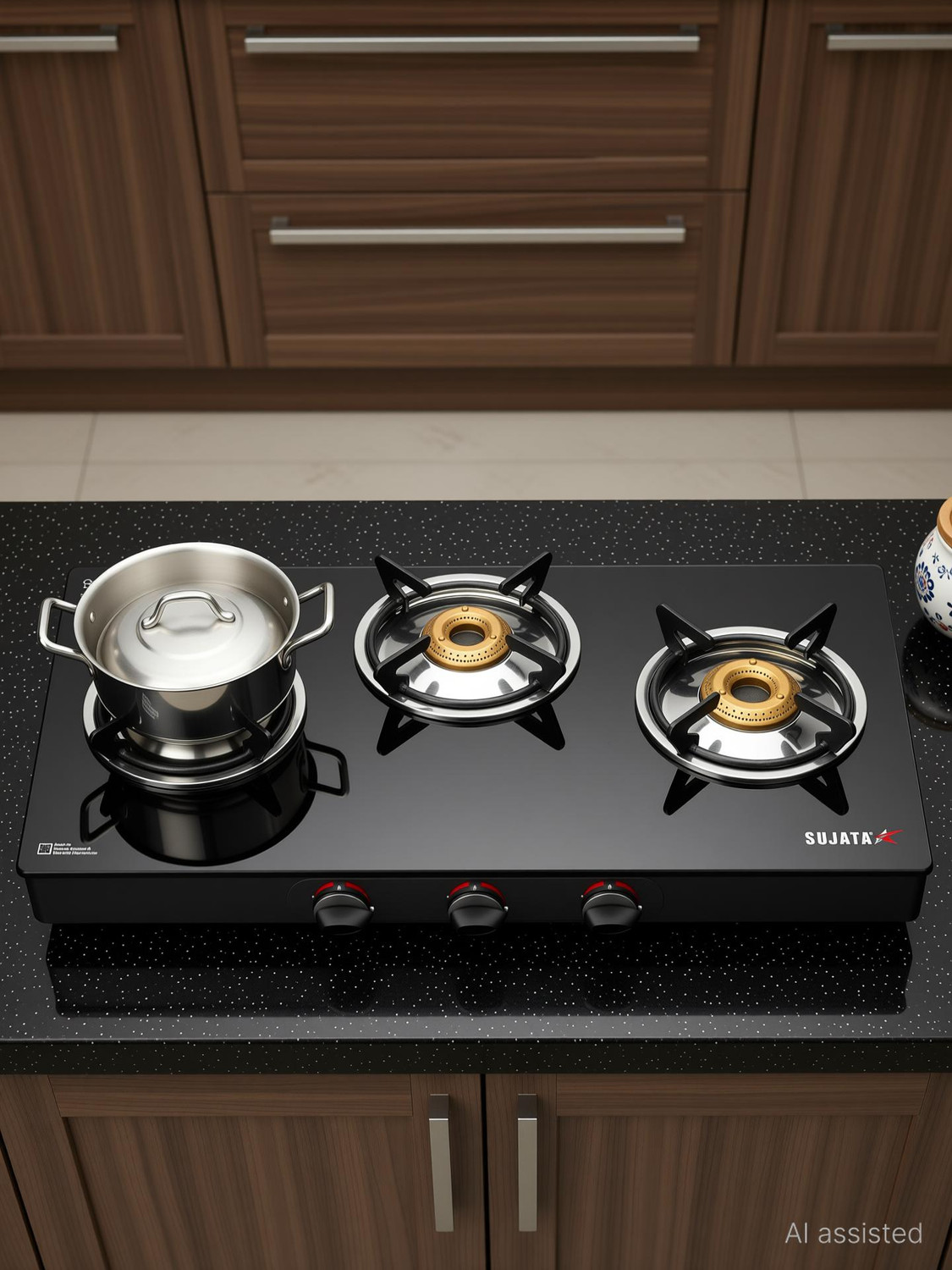 Image of SUJATA Gas Stove 3 Burner |Gas Chulha for Kitchen | ISI Certified |LPG & PNG Compatible Glass Manual Gas Stove