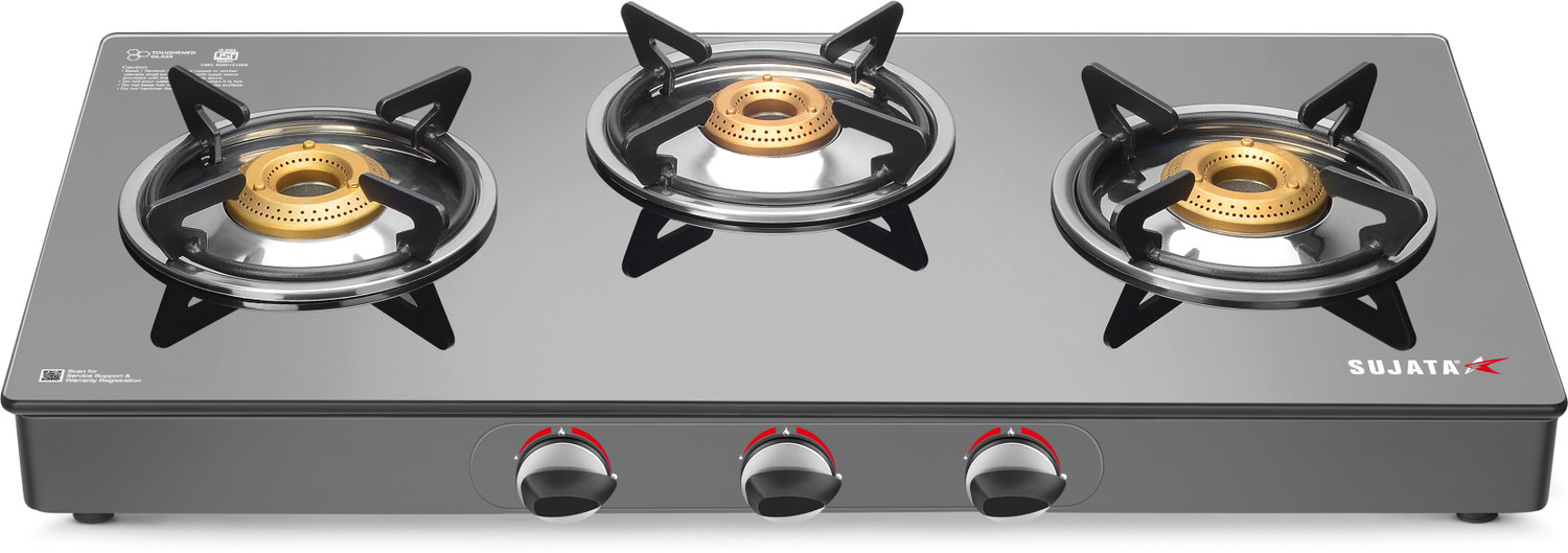 Image of SUJATA Gas Stove 3 Burner |Gas Chulha for Kitchen | ISI Certified |LPG & PNG Compatible Glass Manual Gas Stove