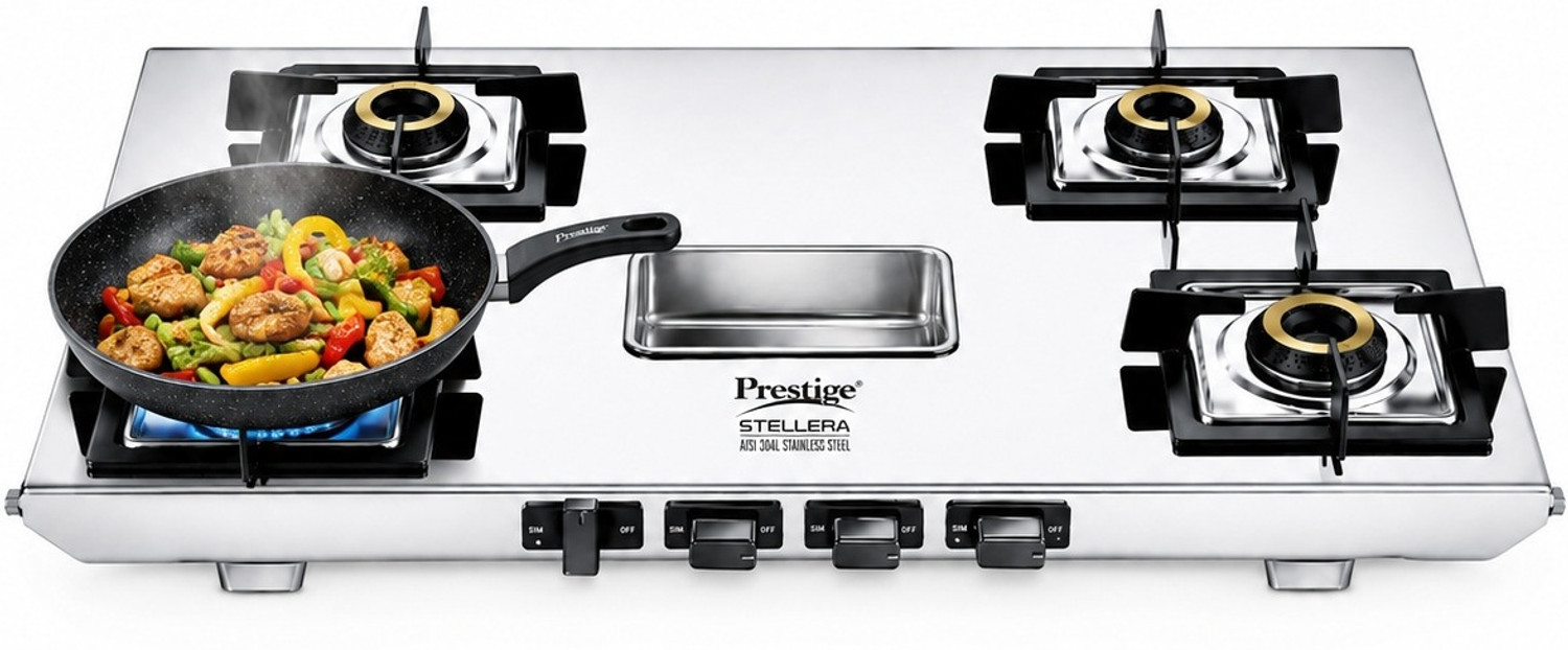 Image of Prestige Stellora 4B|Uniquely Designed Pan Support|Cleaning Stand|360 Revolving Nozzle Stainless Steel Manual Gas Stove