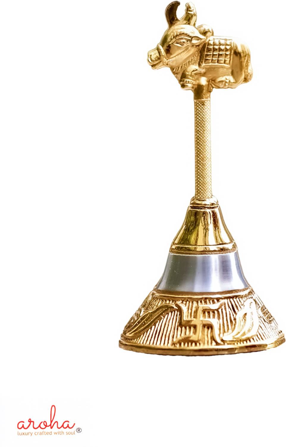 AROHA Pooja Mandir Bell, Nandi Design Gold Silver (Height 4.5 inch, Breadth 2 inch) Gold Plated Pooja Bell