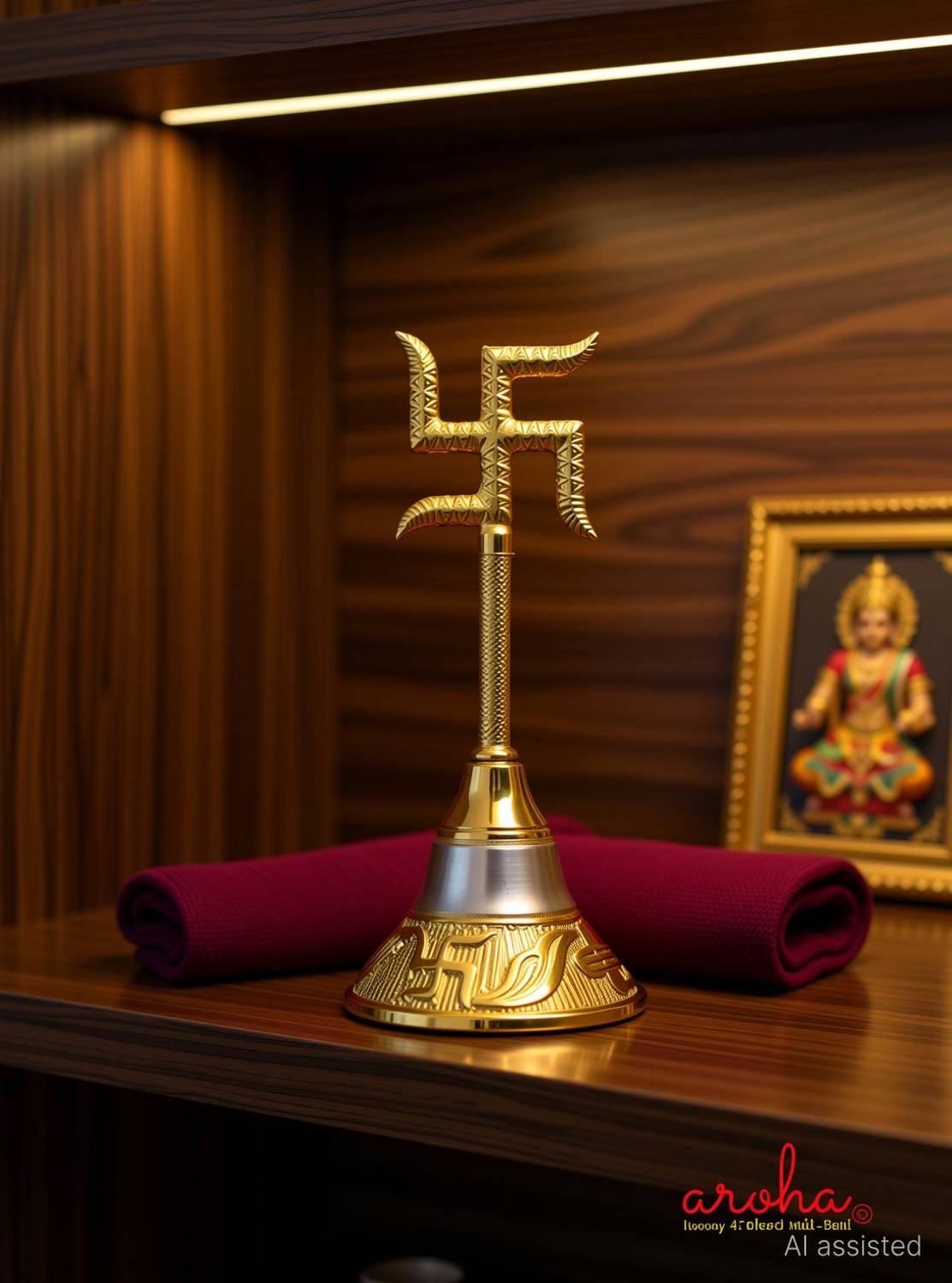 AROHA Studio Pooja Mandir Bell, Swastik Ghanti (Height 4.5 inch, Breadth 2 inch) Gold Plated Pooja Bell