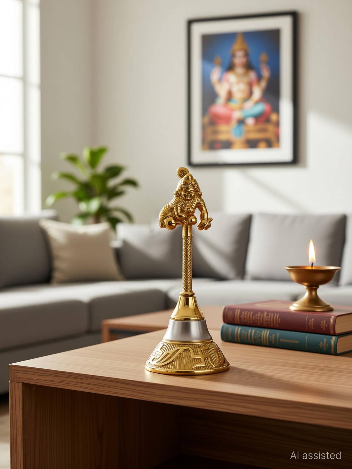 AROHA Crafted Pooja Mandir Bell, Krishna Ghanti (Height 4.5 inch, Breadth 2 inch) Gold Plated Pooja Bell