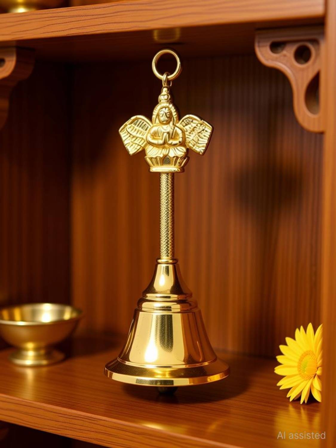AROHA Studio Mandir , Garuda Ghanti (40 Gram Height 4.5 inch) Gold Plated Pooja Bell