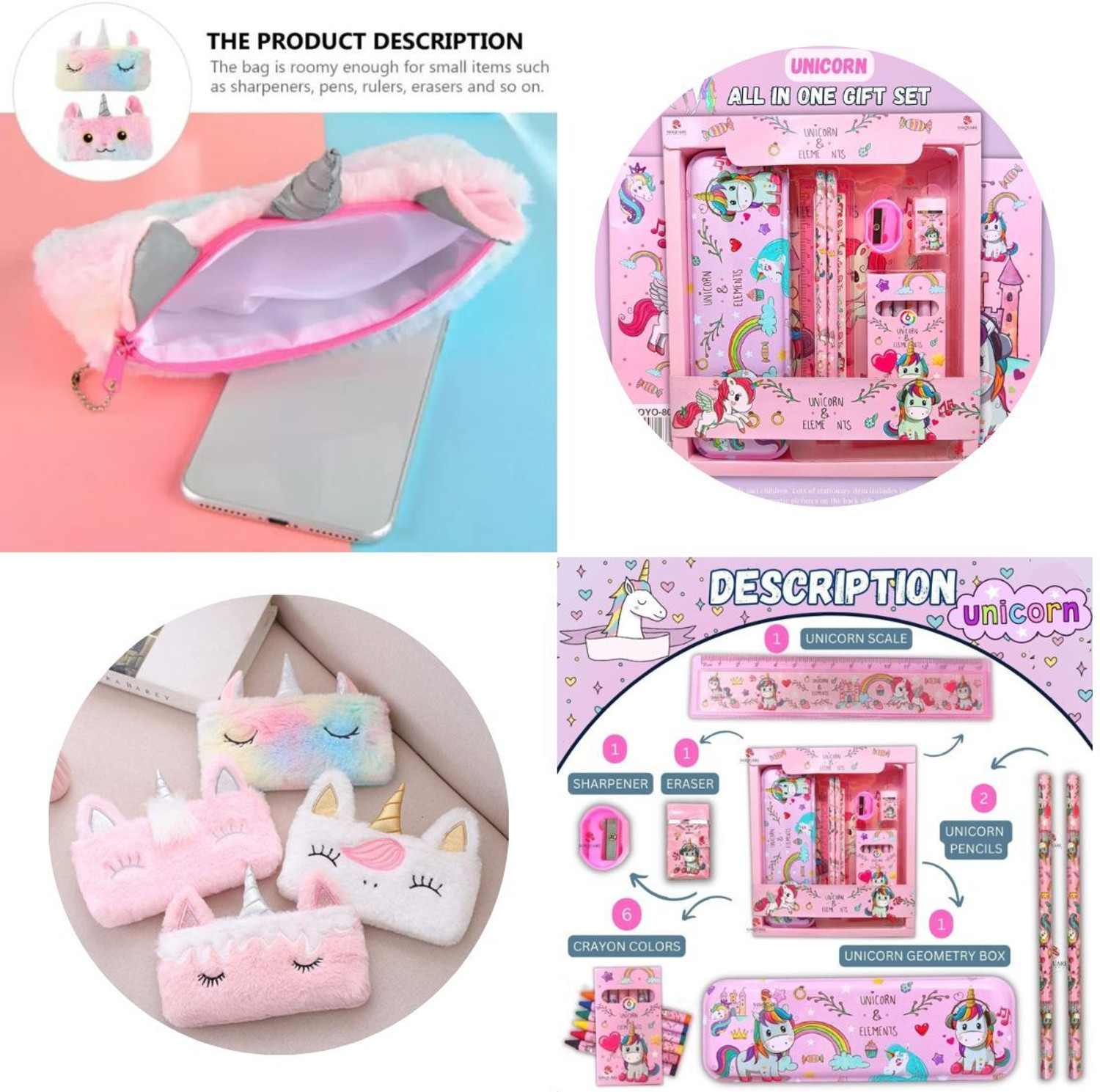 Image of ROMYCRON Combo Unicorn Stationery kit Set and Fur Pencil Pouch for Girls Geometry Box Set Geometry Box