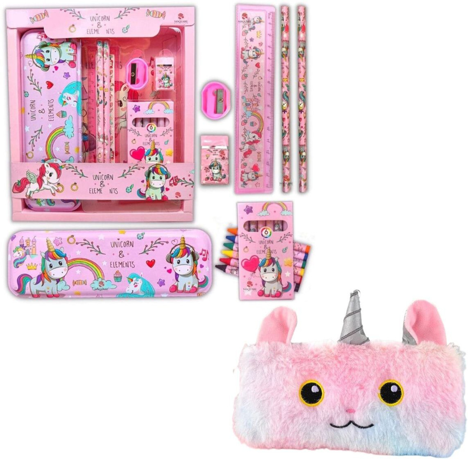 Image of ROMYCRON Combo Unicorn Stationery kit Set and Fur Pencil Pouch for Girls Geometry Box Set Geometry Box