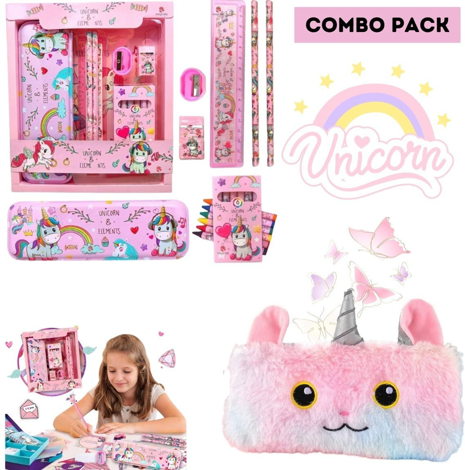 Image of ROMYCRON Combo Unicorn Stationery kit Set and Fur Pencil Pouch for Girls Geometry Box Set Geometry Box