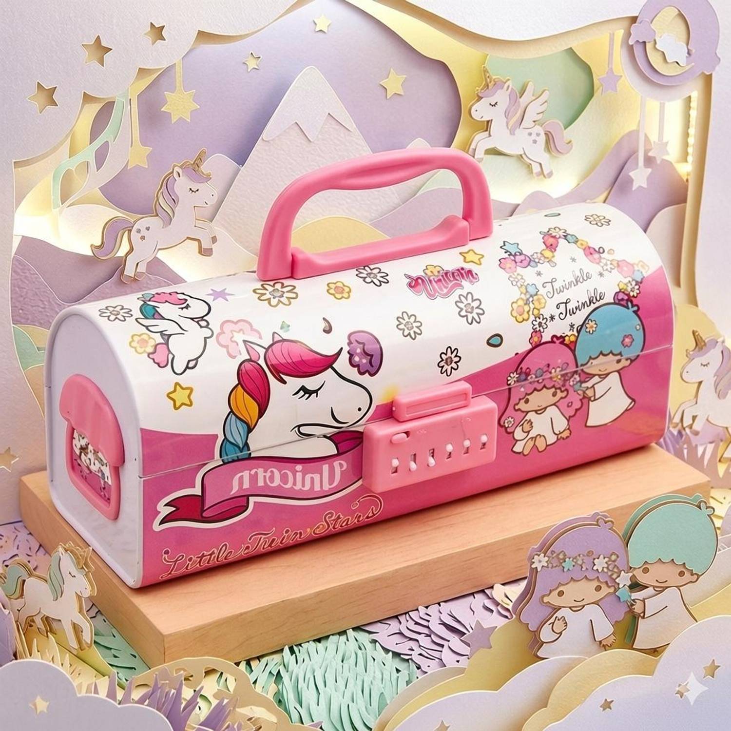 AMAN Unicorn Magic Lock Geometry Pencil Box with Handle (Pink Edition) Geometry Box