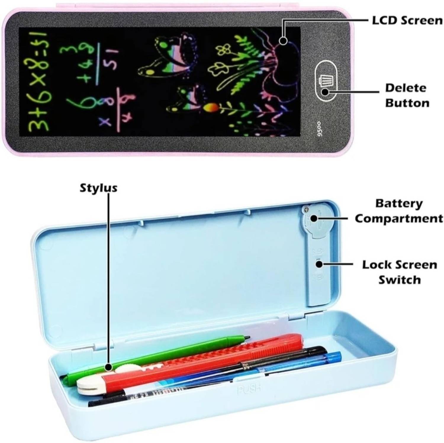 BongiEcom LED Drawing Pen Case, Kids Pencil Box with LCD Screen Geometry Box