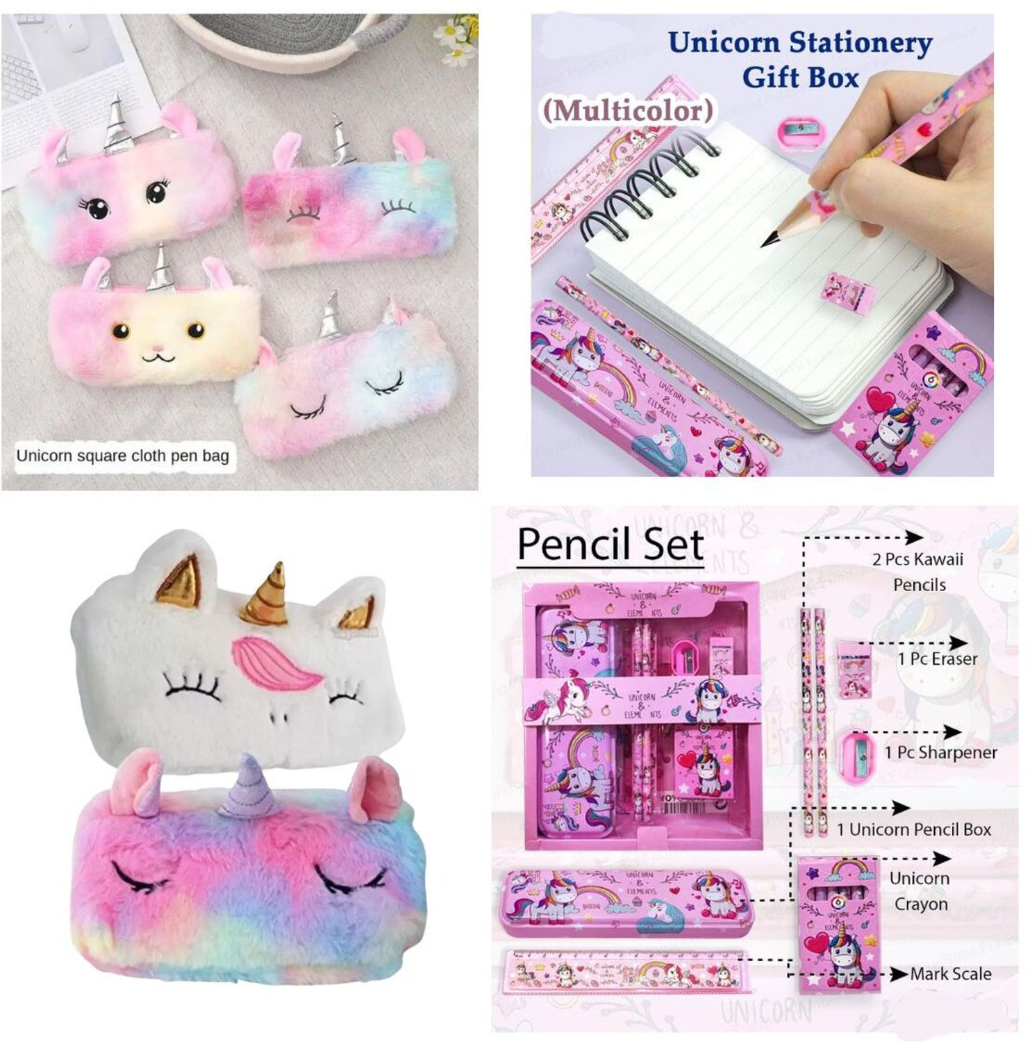 Image of ROMYCRON Combo Unicorn Stationery kit Set and Fur Pencil Pouch for Girls Geometry Box Set Geometry Box