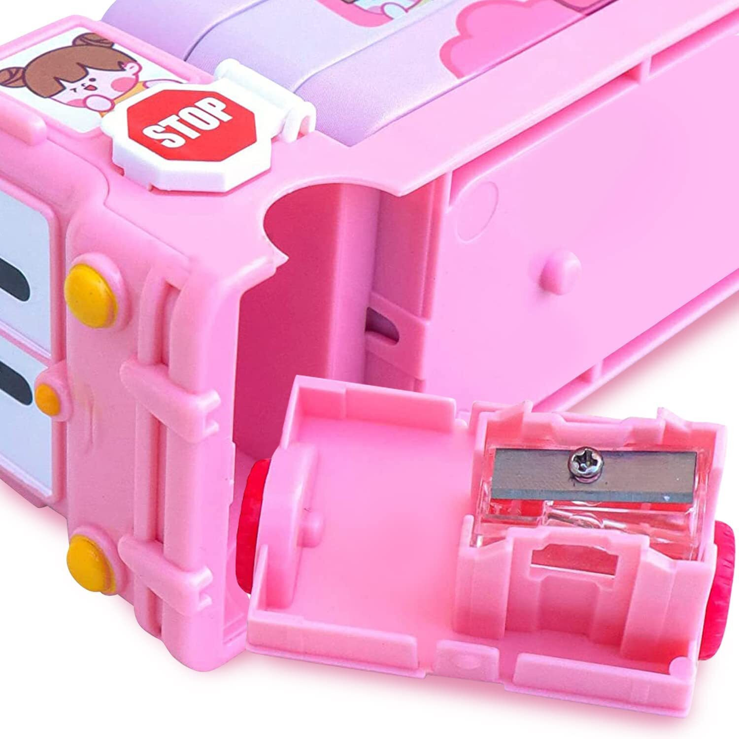 Image of TRUJOY 2in1 Cartoon Printed Bus Shaped Pencil Compass Box and Toy for Kids with Wheels Geometry Box