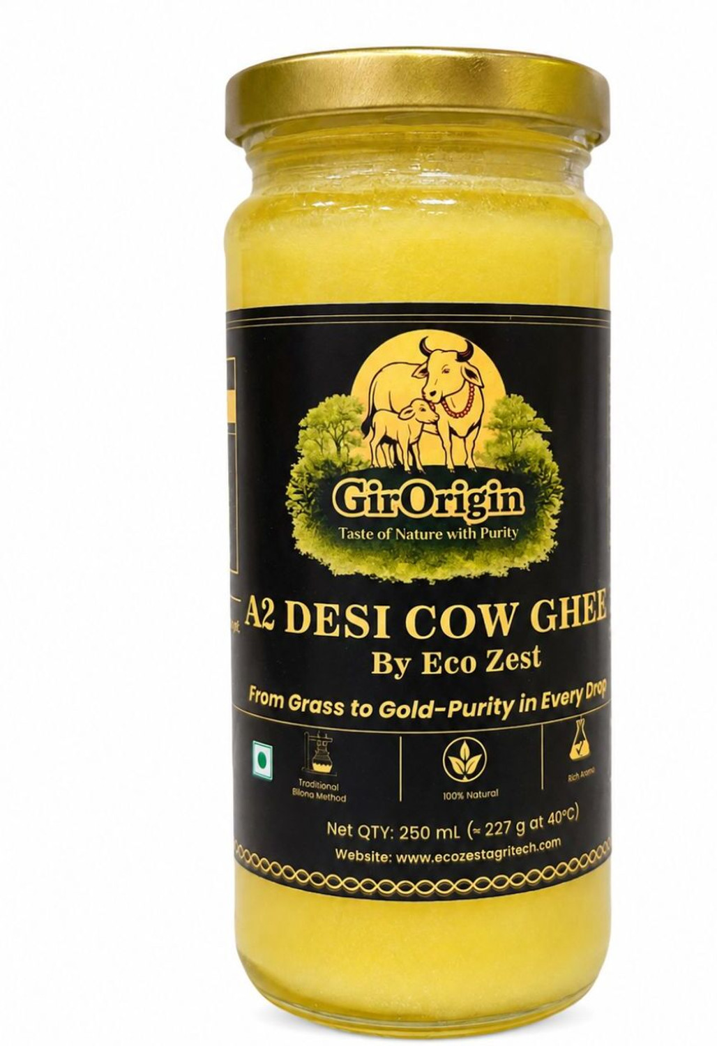 Image of GirOrigin Pure A2 Bilona Ghee from Gir Cows 250ML Ghee Glass Bottle