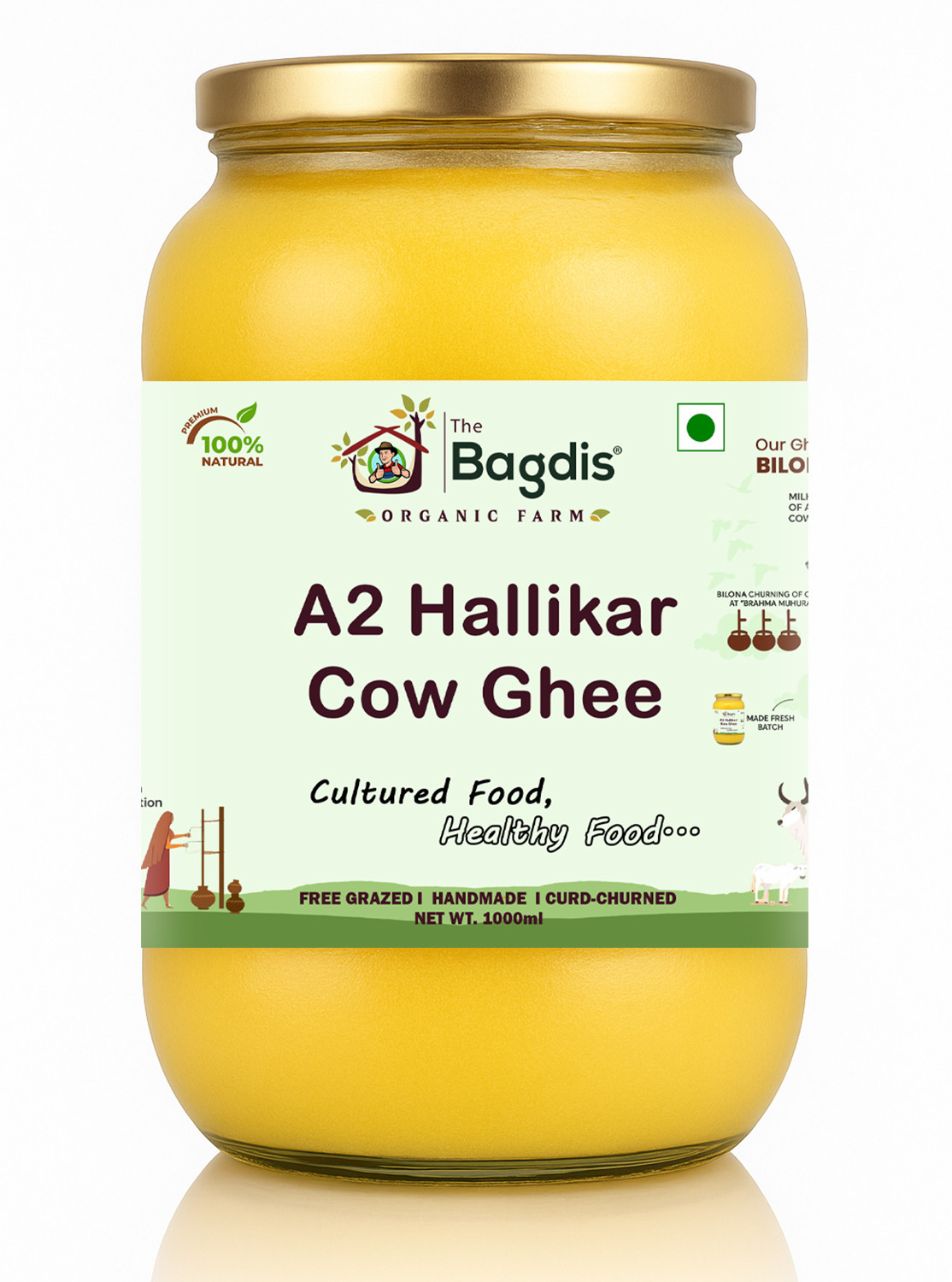 Image of The Bagdis Hallikar Cow A2 Ghee 1L, Bilona Method Ghee, Organic Ghee, Pure Ghee Ghee Glass Bottle