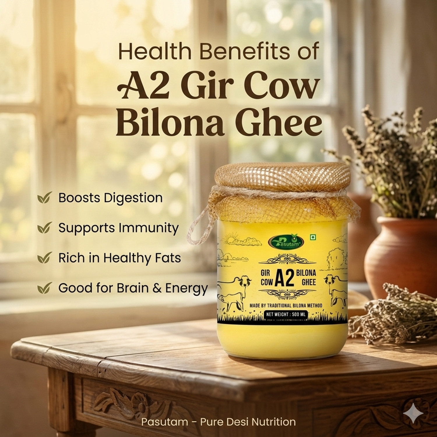 Image of PASUTAM A2 Gir Cow Ghee 500ml| A2 Gir cow Ghee Bilona Method Ghee | Desi ghee Ghee Glass Bottle