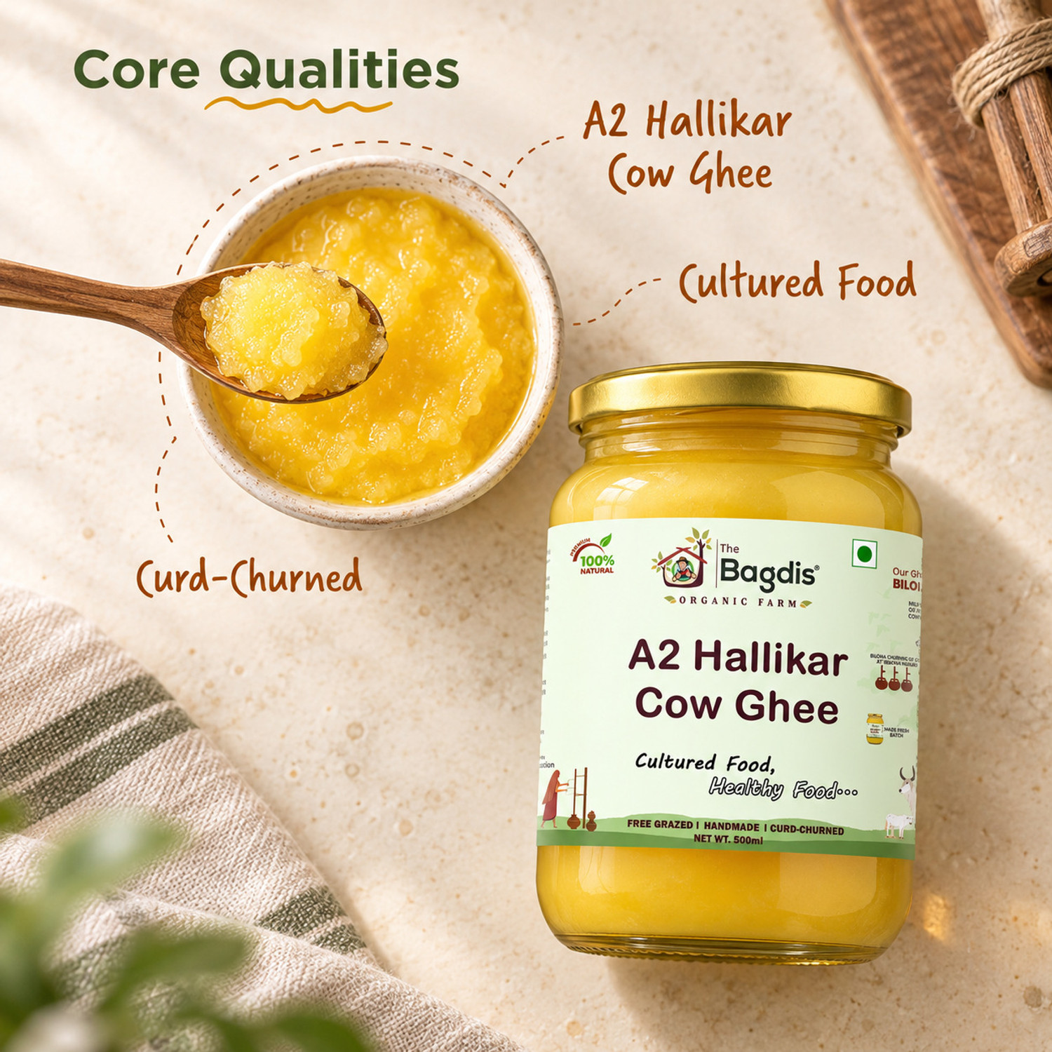 Image of The Bagdis Hallikar Cow A2 Ghee 1L, Bilona Method Ghee, Organic Ghee, Pure Ghee Ghee Glass Bottle