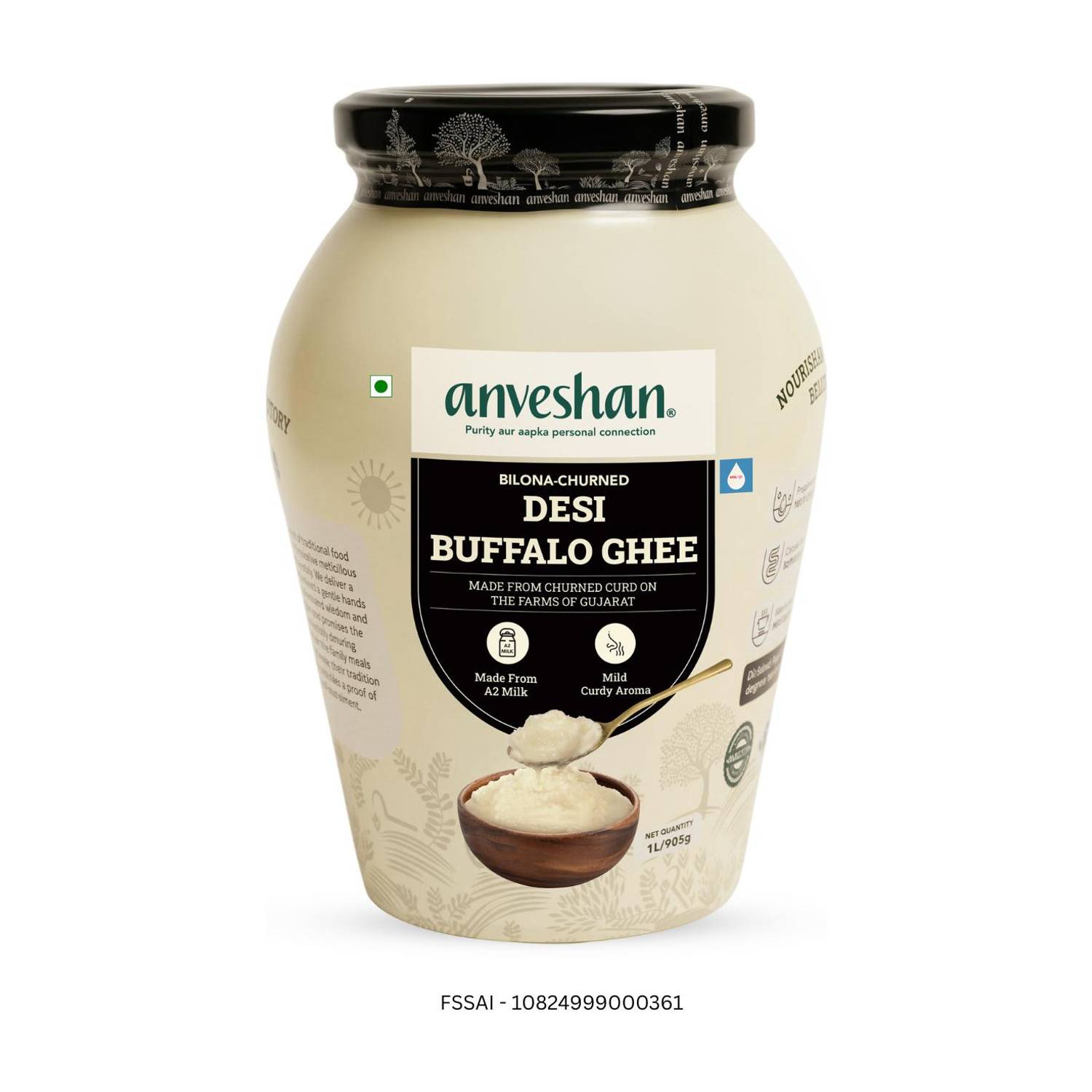 Anveshan Grass Fed Bilona Buffalo Ghee Mason Jar