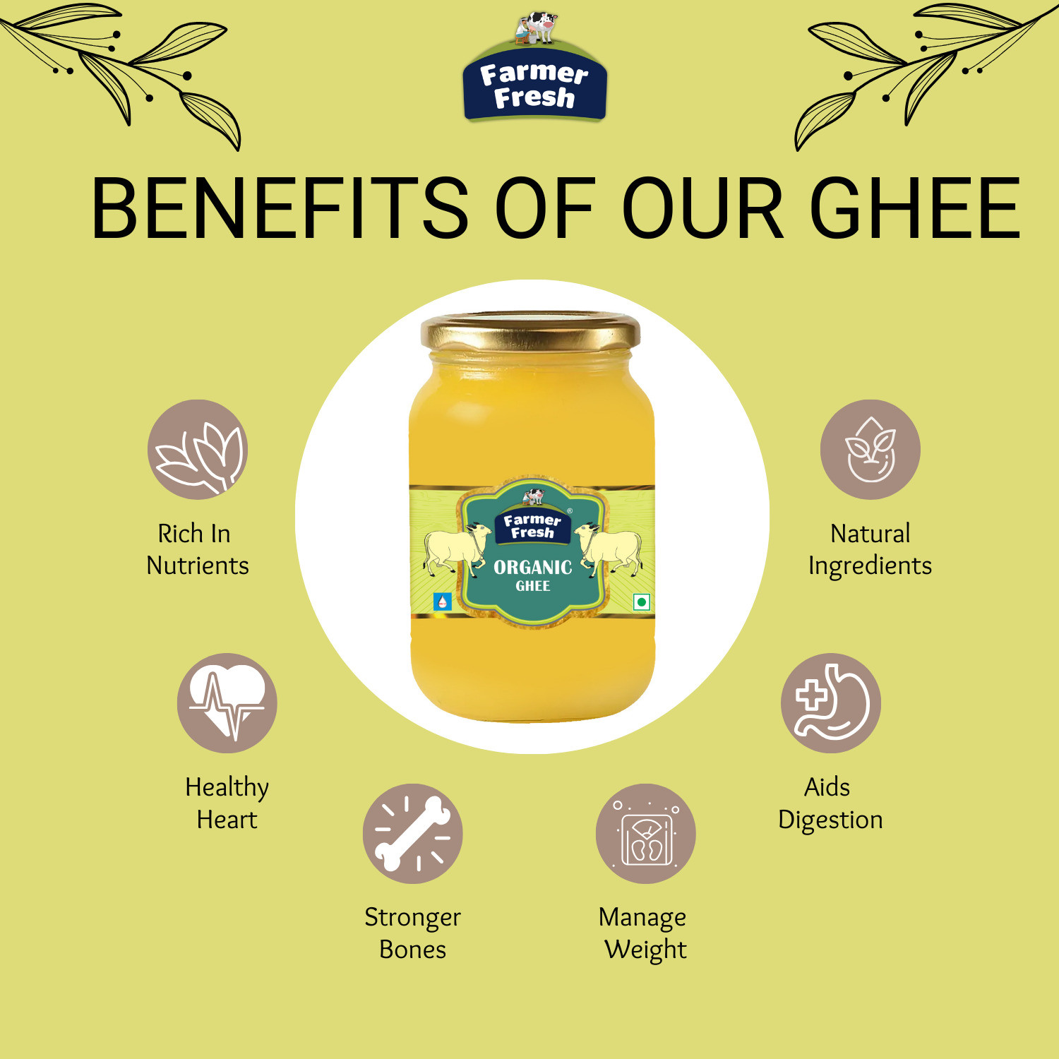 Image of Farmer Fresh Organic Cow Ghee Pure & Natural Shudh Desi Ghee, No Preservatives. Ghee Glass Bottle