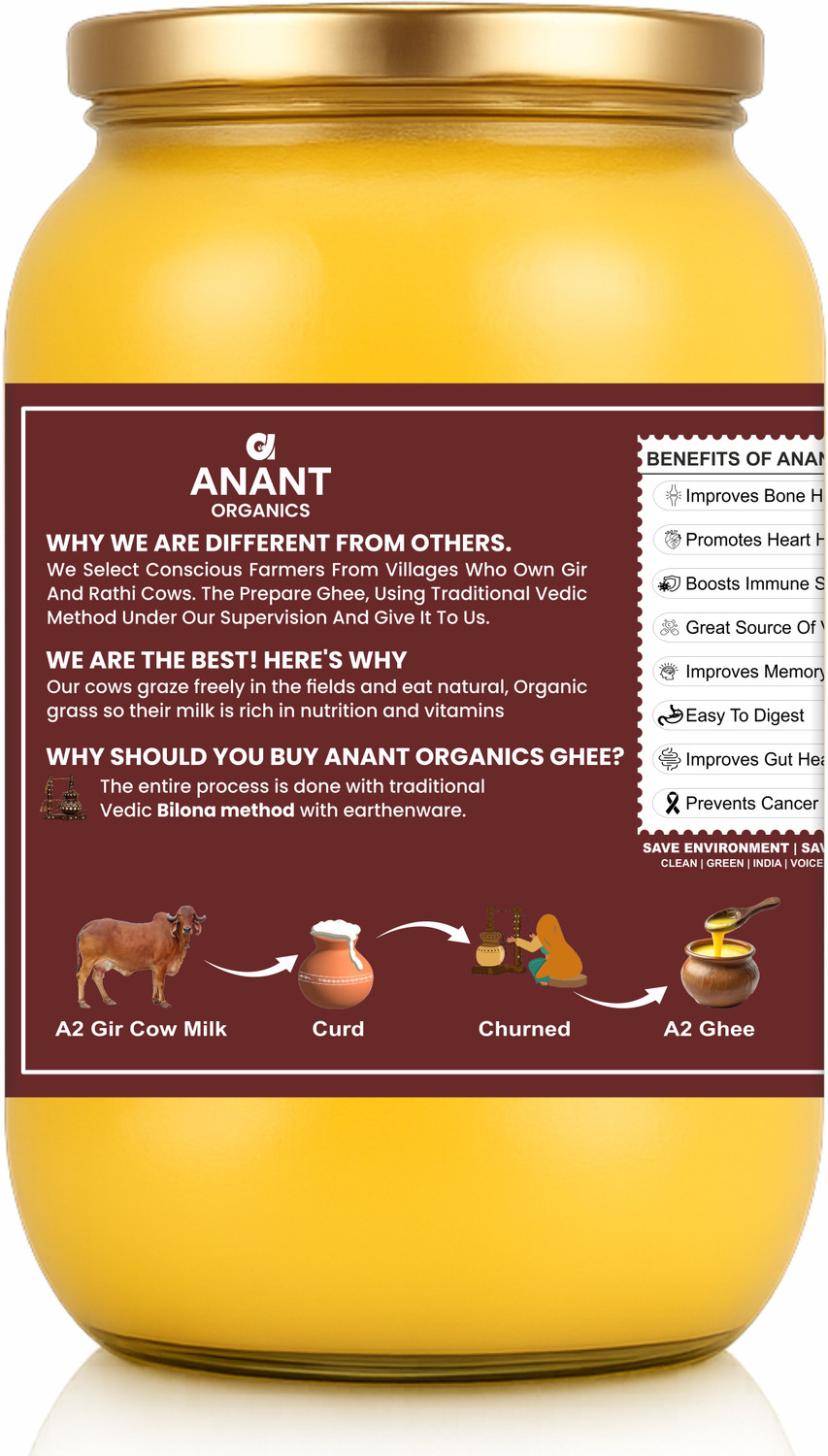Image of Anant Organics A2 Desi Gir Cow Ghee | Vedic Bilona Method | Grass-Fed | 100% Pure & Natural Ghee Glass Bottle (1000 ml)