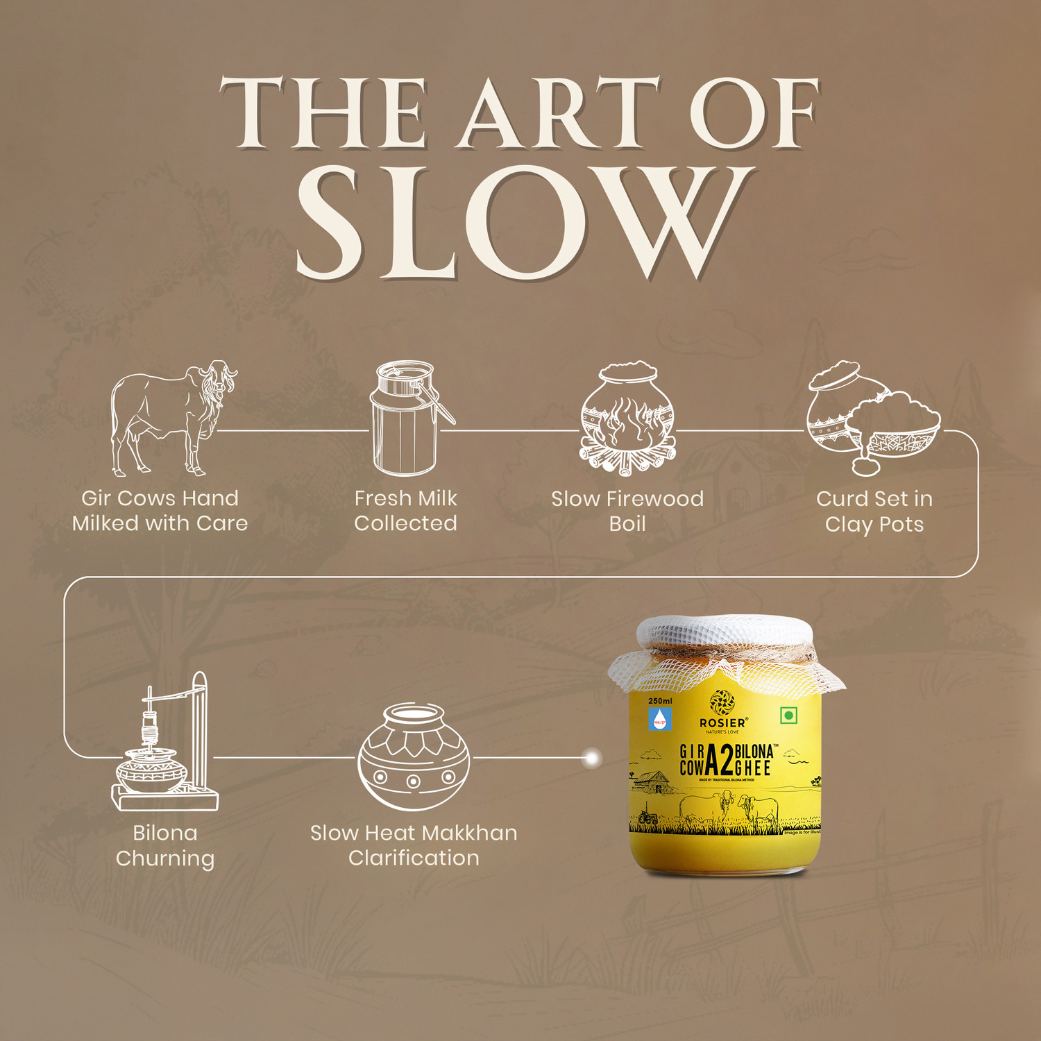 Image of ROSIER A2 Gir Cow Ghee 250ml Traditional Bilona Method A2 Ghee Pure & Healthy Desi Ghee Ghee Glass Bottle