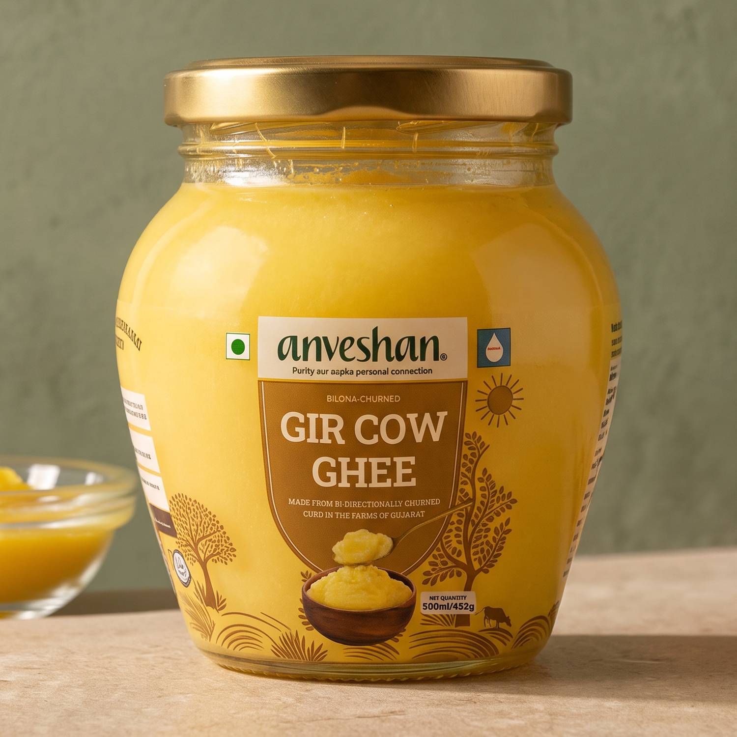 Anveshan Bilona Churned A2 Gir Cow Ghee Glass Bottle