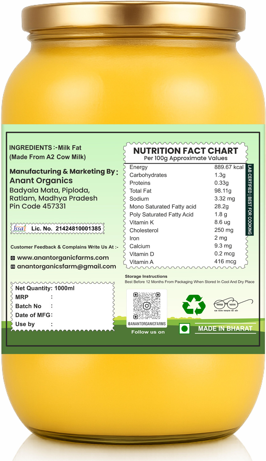 Image of Anant Organics Cow Ghee | Made from A2 Cow Milk | Hand Churned Vedic Method Ghee Glass Bottle