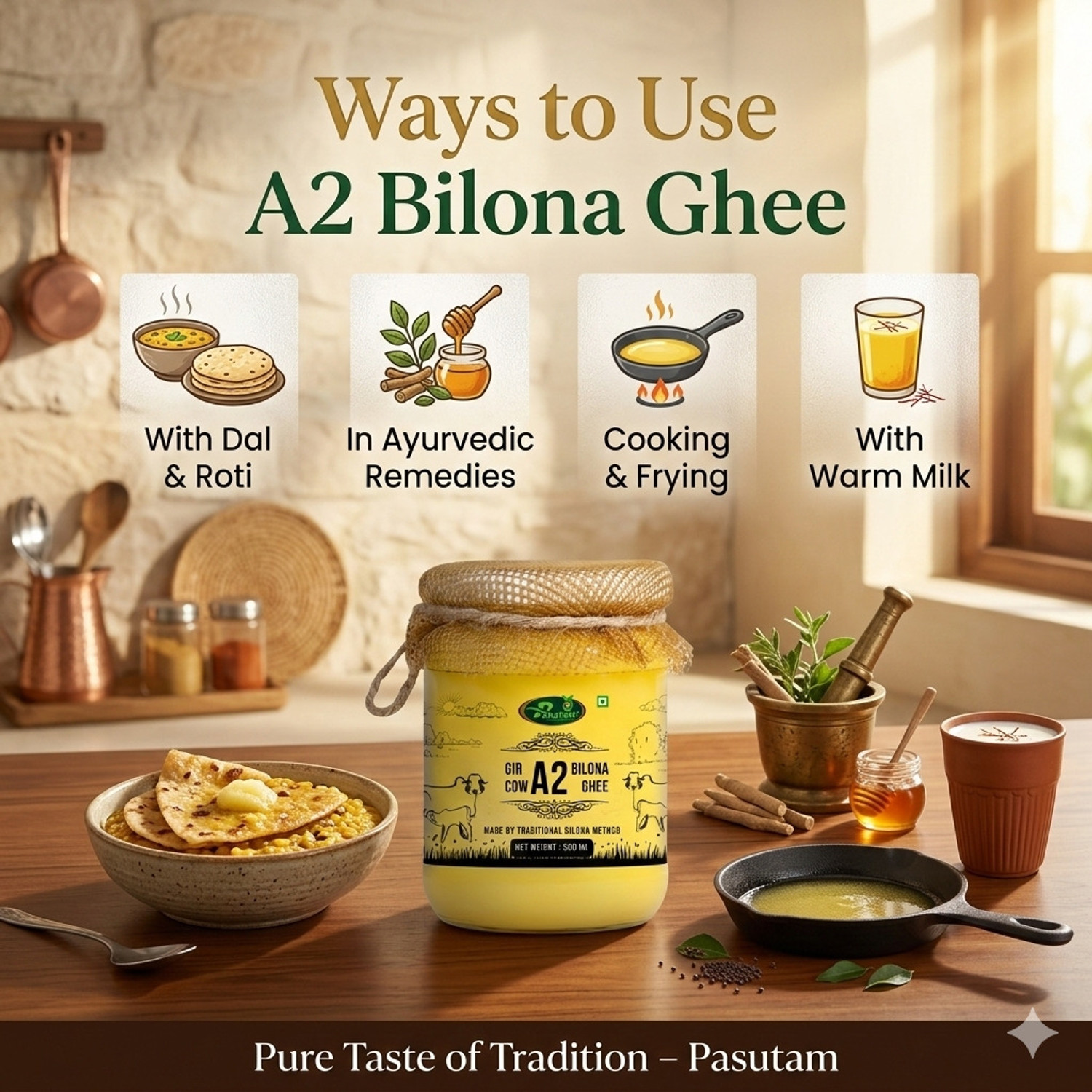 Image of PASUTAM A2 Gir Cow Ghee 500ml| A2 Gir cow Ghee Bilona Method Ghee | Desi ghee Ghee Glass Bottle