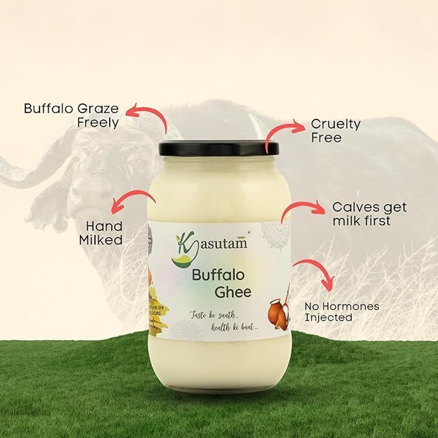 Image of Kasutam A2 Desi Buffalo Bilona Ghee Ghee Glass Bottle
