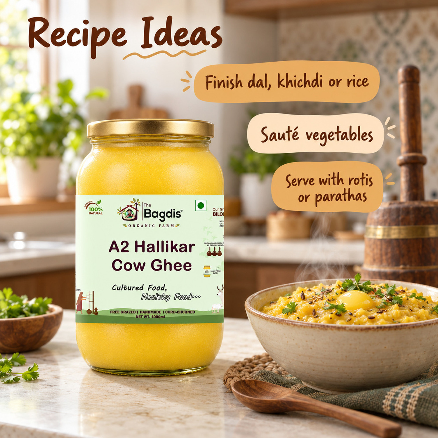 Image of The Bagdis Hallikar Cow A2 Ghee 1L, Bilona Method Ghee, Organic Ghee, Pure Ghee Ghee Glass Bottle