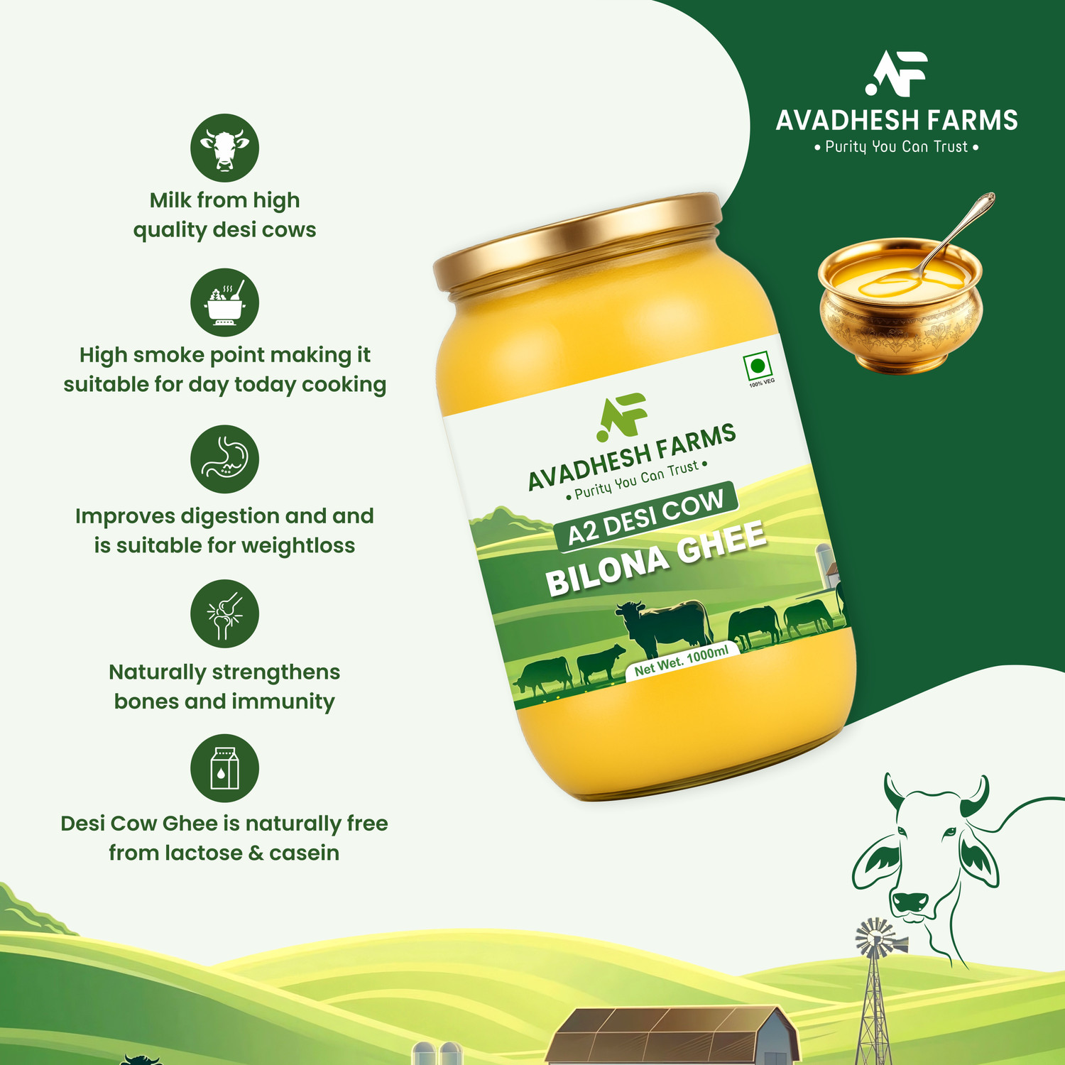 Image of Avadhesh Farms A2 Desi Cow Vedic Bilona Cultured Ghee | Pure & Traditional Ghee Glass Bottle Ghee Glass Bottle