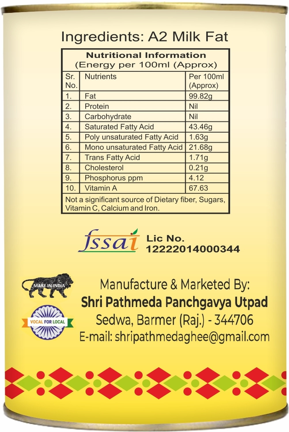 Image of SHRI PATHMEDA Ghee Premium A2 Gir Cow Cultured Desi Ghee from Ghee Tin