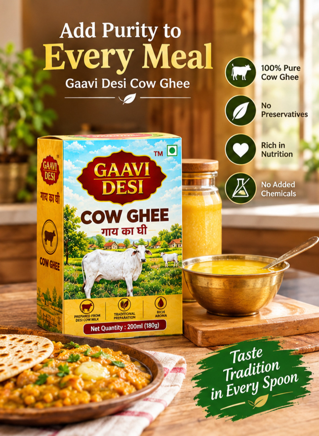 Image of GAAVIDESI Pure Cow Ghee 200ml Pack - Traditional Bilona Method Desi Ghee Ghee Box