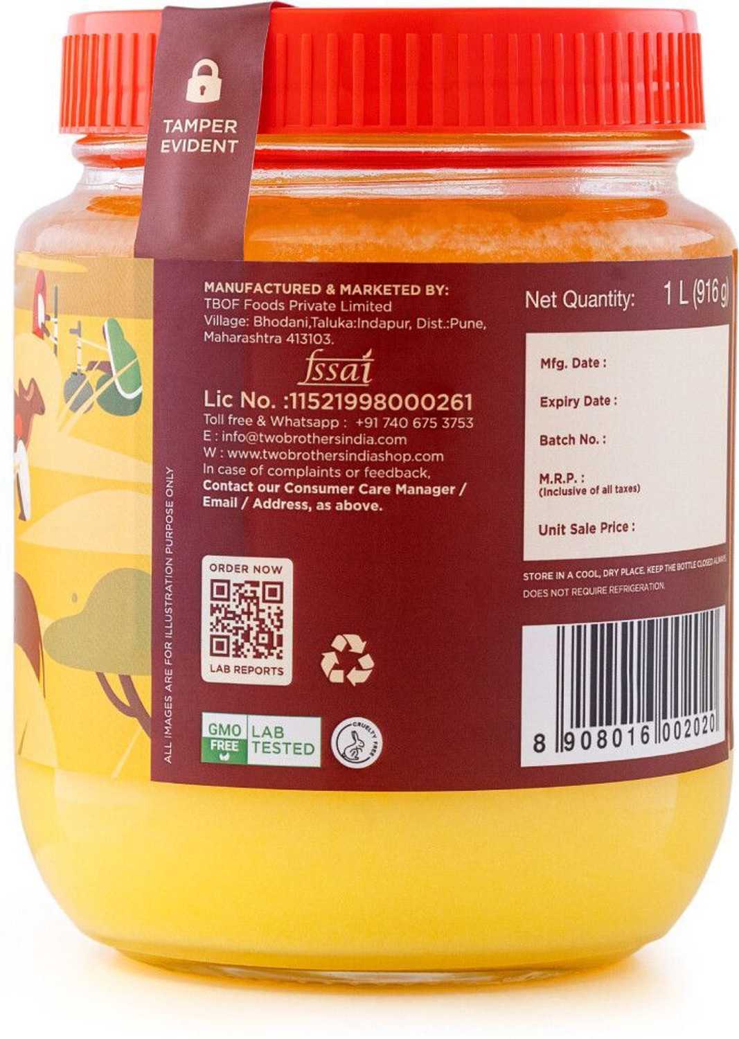 Image of Two Brothers India Farms Natural Healthy & Fresh A2 Cultured Desi Gir Cow Ghee Glass Bottle