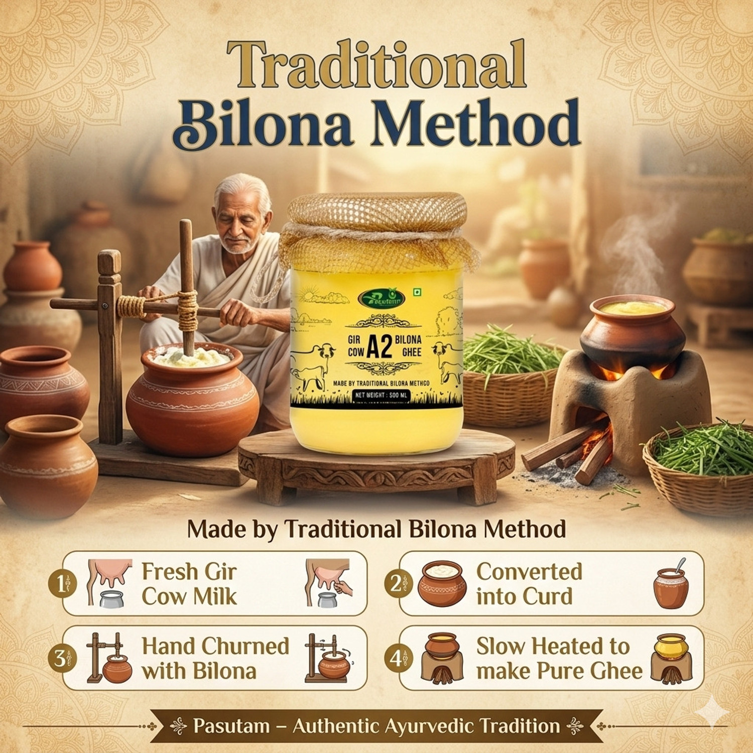 Image of PASUTAM A2 Gir Cow Ghee 500ml| A2 Gir cow Ghee Bilona Method Ghee | Desi ghee Ghee Glass Bottle