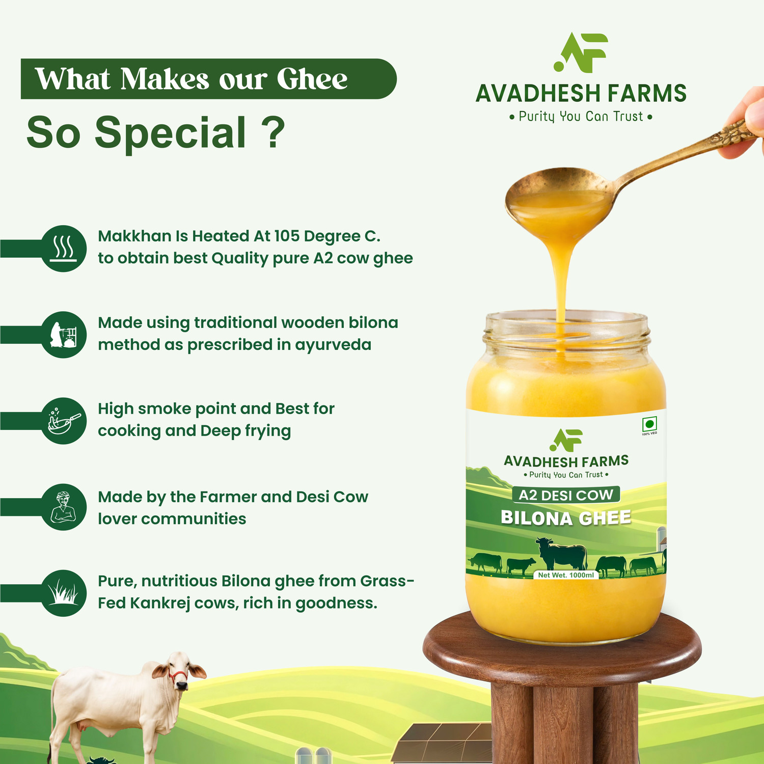 Image of Avadhesh Farms A2 Desi Cow Vedic Bilona Cultured Ghee | Pure & Traditional Ghee Glass Bottle Ghee Glass Bottle