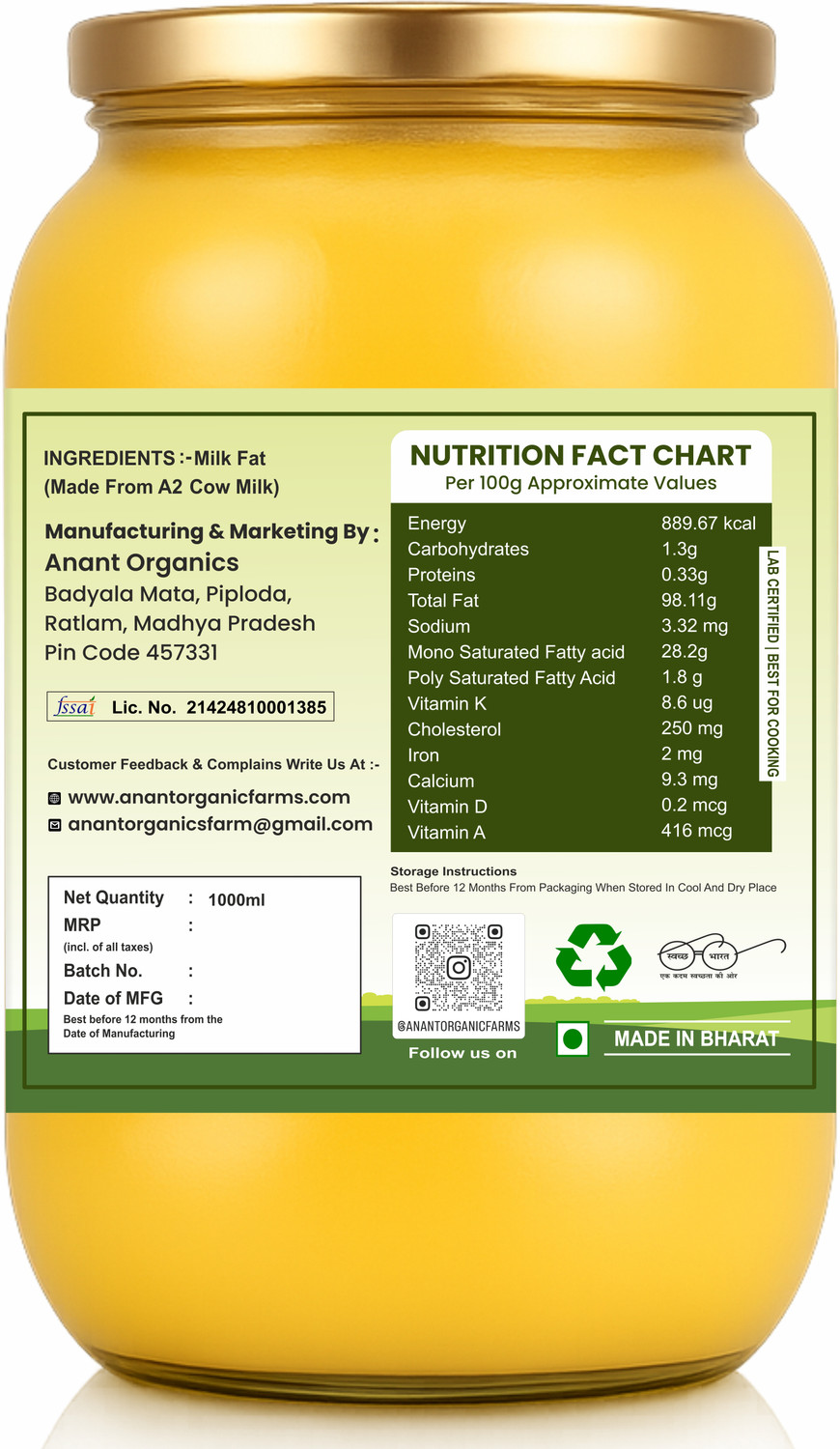 Image of Anant Organics Desi Cow Ghee Made from Bilona Hand Churned Method | Traditional Desi Cow Ghee Glass Bottle (1000 ml)