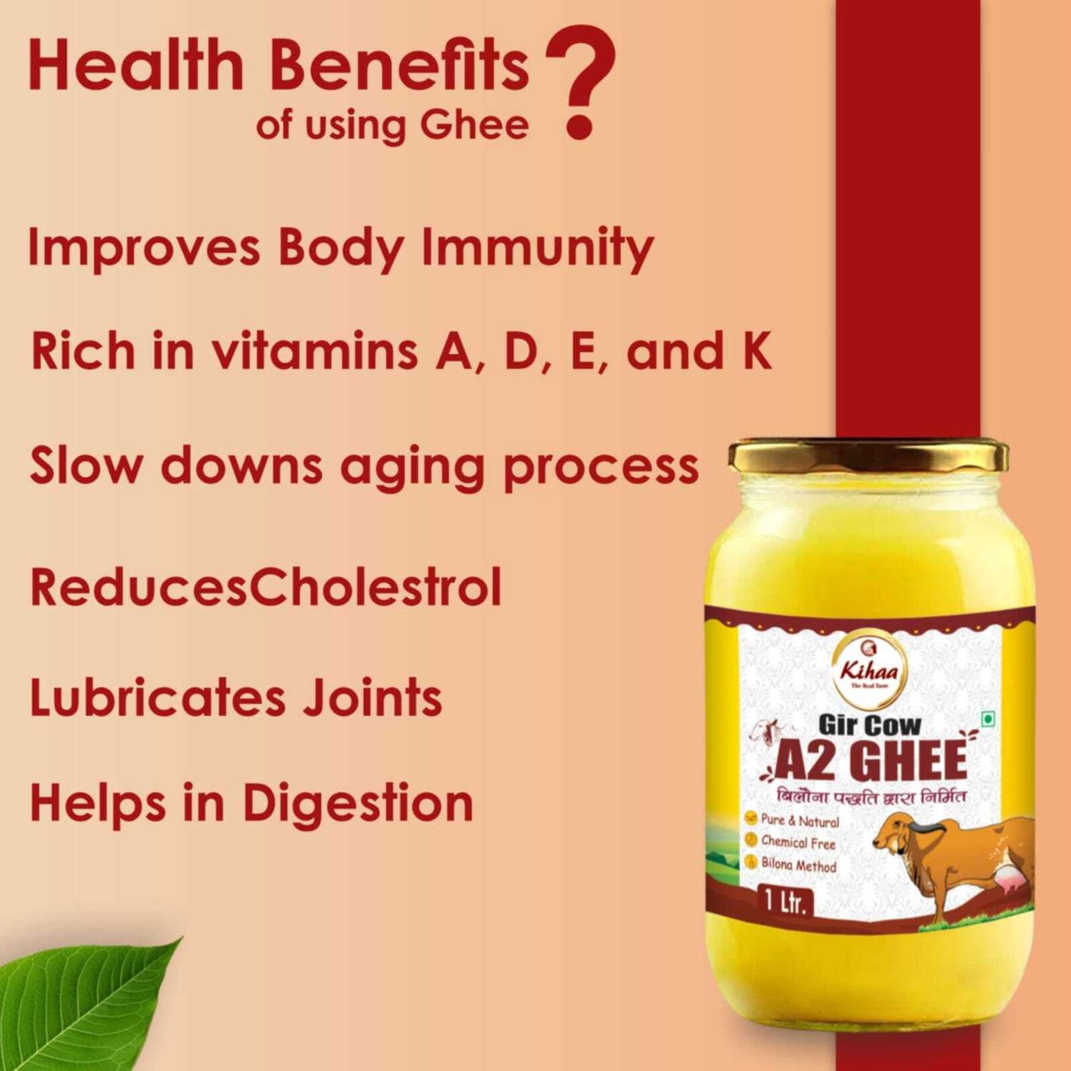 Image of Kihaa Organic Ghee| A2 Cow Ghee| Desi Ghee| Cow Ghee| Pure,Natural & Health Glass Bottle