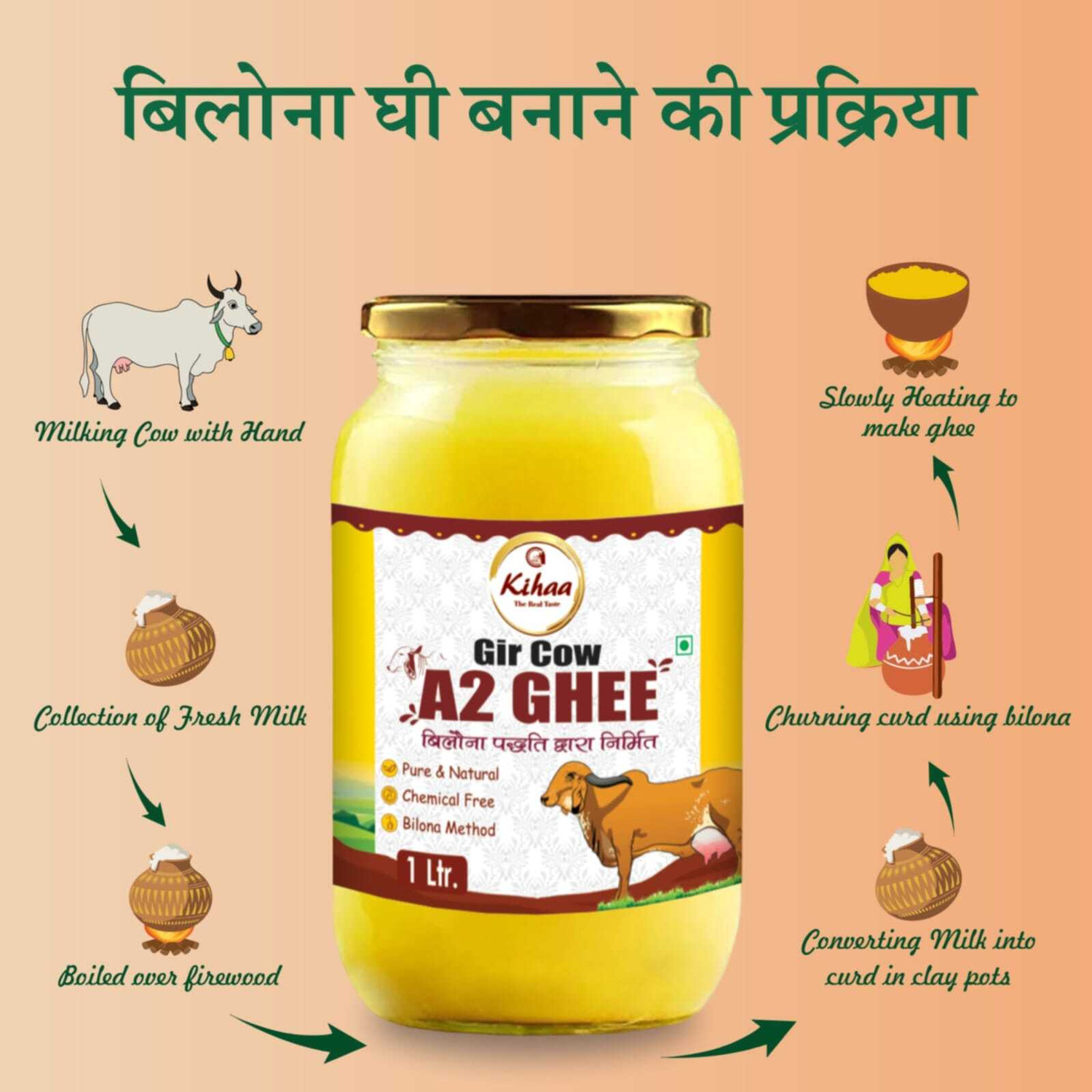 Image of Kihaa Organic Ghee| A2 Cow Ghee| Desi Ghee| Cow Ghee| Pure,Natural & Health Glass Bottle