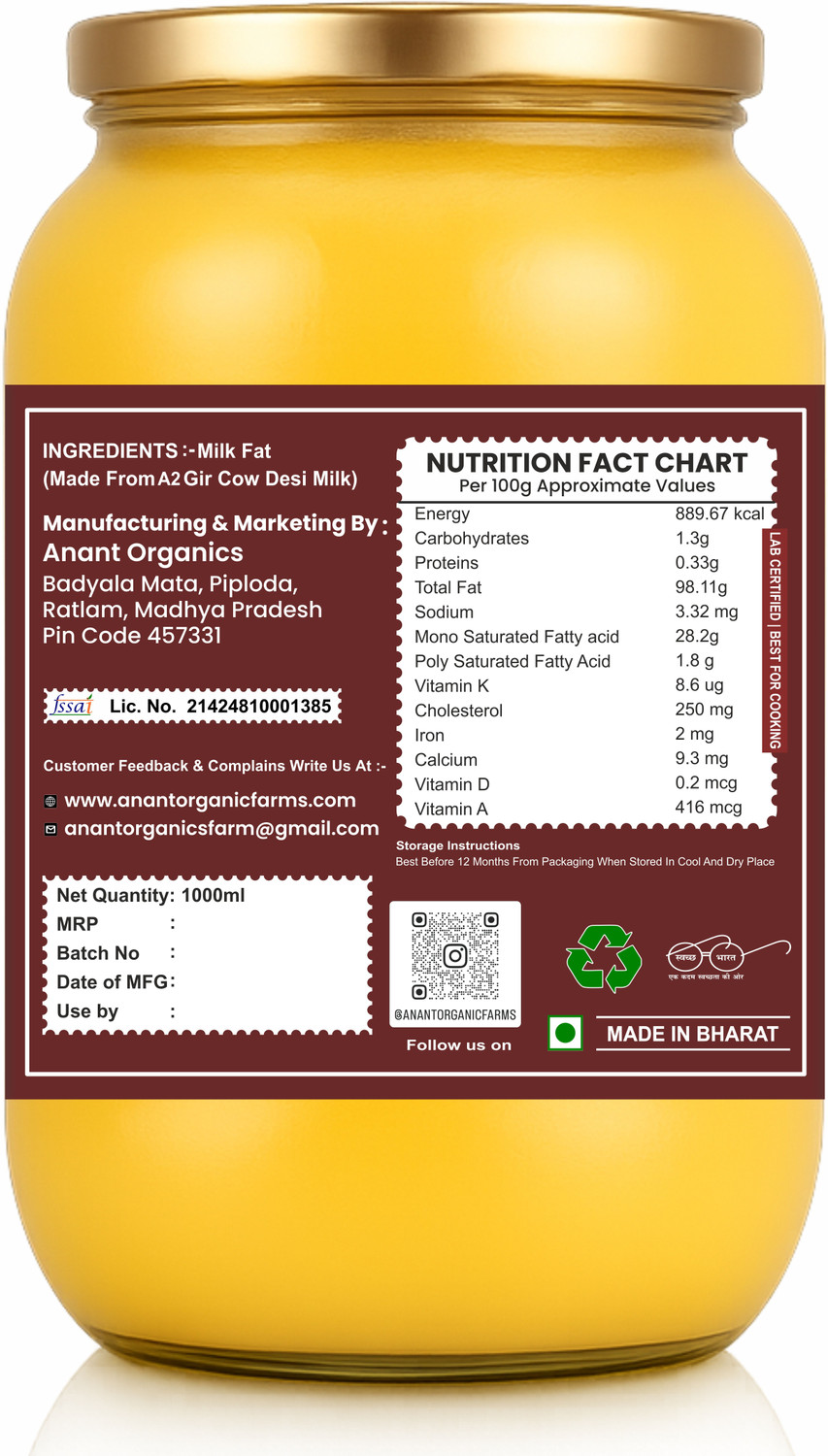 Image of Anant Organics A2 Desi Gir Cow Ghee | Vedic Bilona Method | Grass-Fed | 100% Pure & Natural Ghee Glass Bottle (1000 ml)