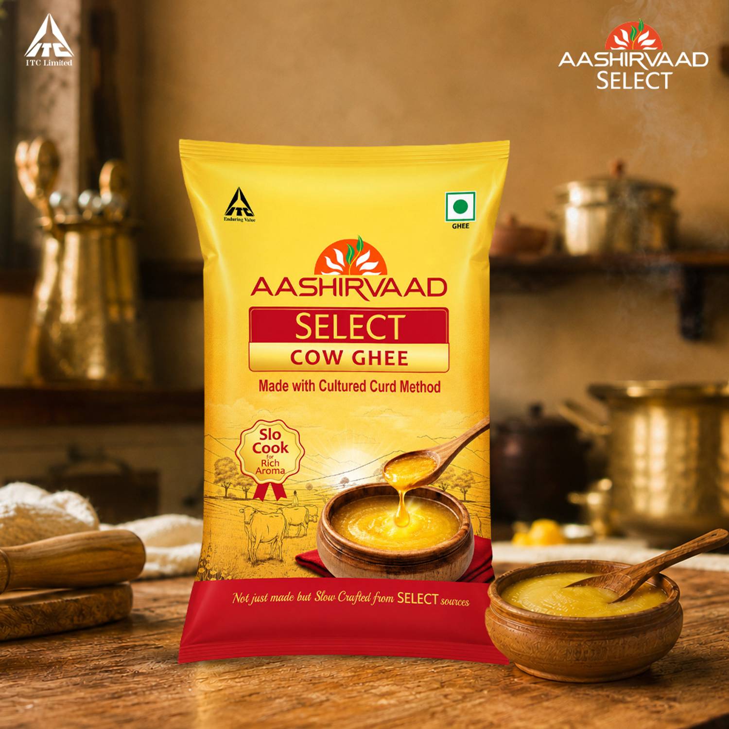 AASHIRVAAD Select Cow Ghee, Made with Cultured Curd Method Ghee Pouch