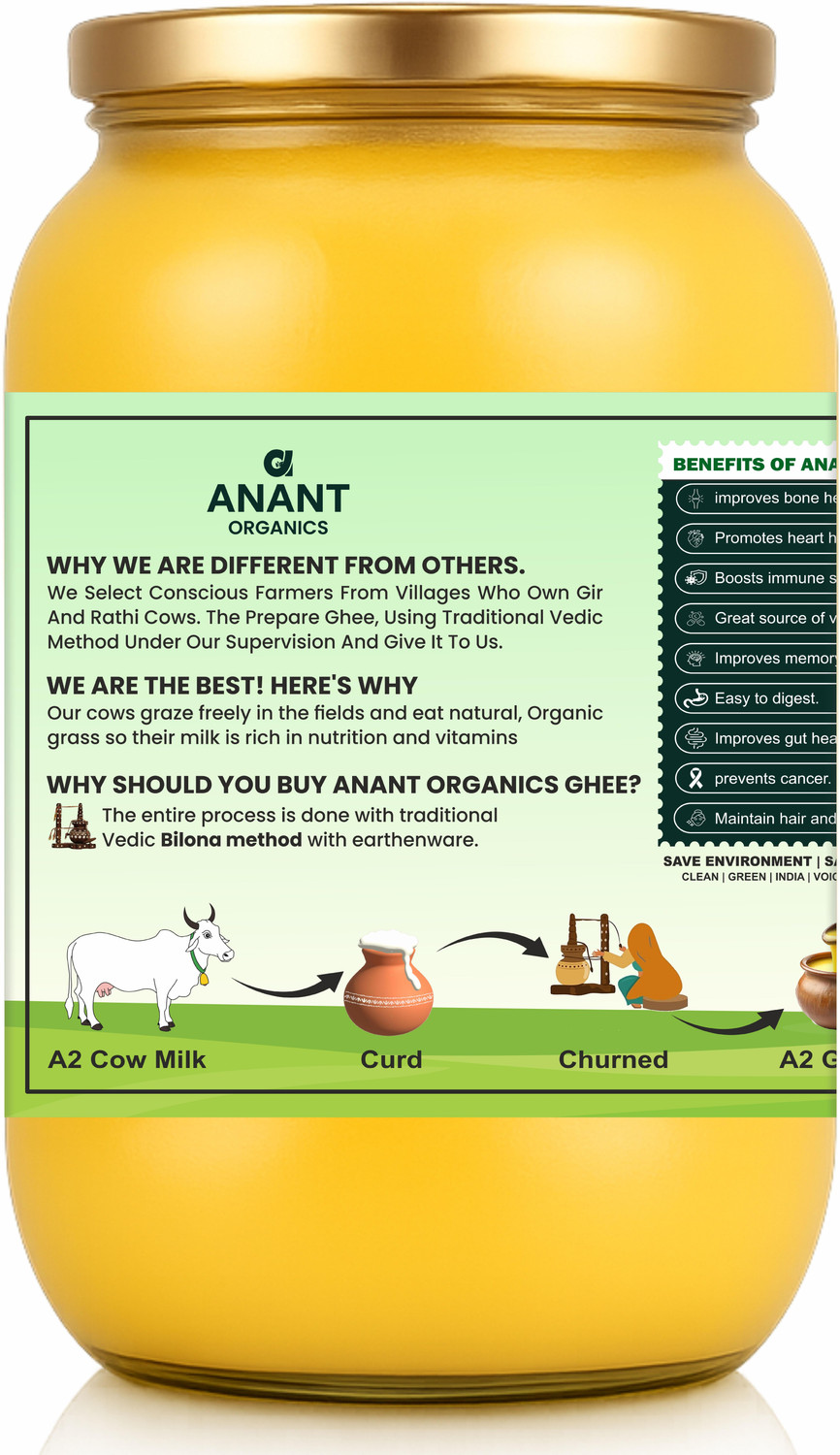 Image of Anant Organics Cow Ghee | Made from A2 Cow Milk | Hand Churned Vedic Method Ghee Glass Bottle