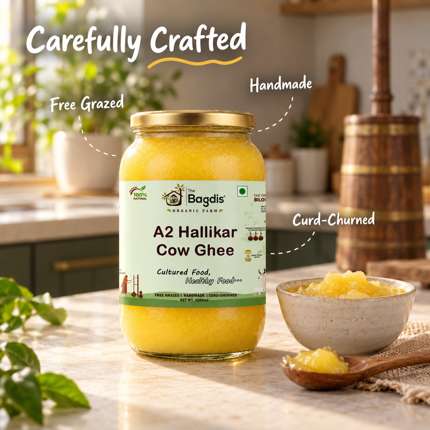 Image of The Bagdis Hallikar Cow A2 Ghee 1L, Bilona Method Ghee, Organic Ghee, Pure Ghee Ghee Glass Bottle