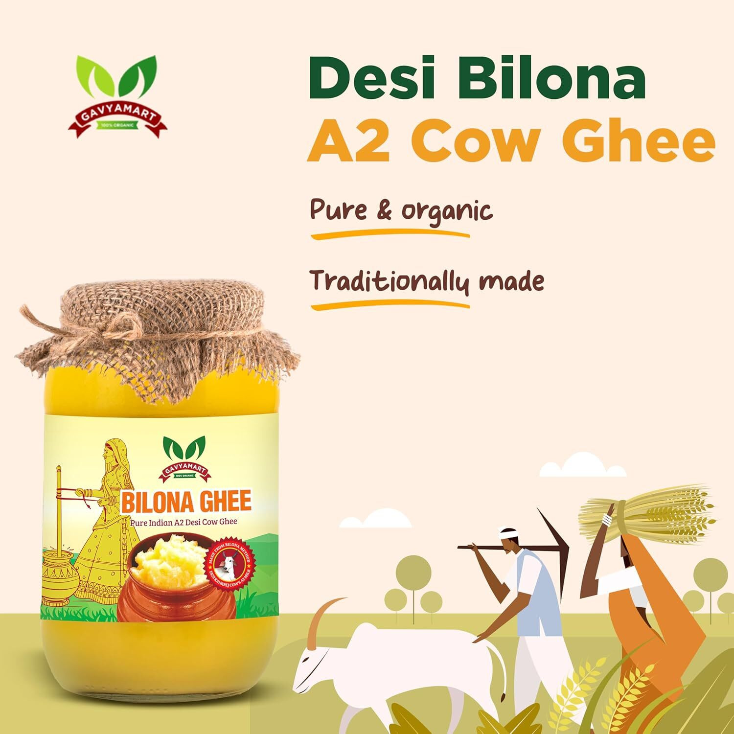 Image of Gavyamart Bilona ghee Fresh Pure Desi Kankrej Organic Non GMO Cow Ghee Traditional Method Ghee Glass Bottle