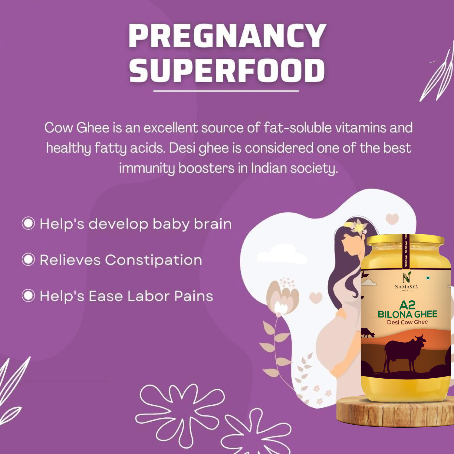 Image of NAMASYA ORGANICS A2 Desi Cow Ghee - Hand-Churned, Traditional Bilona Method, Pure Desi Cow Ghee Ghee Glass Bottle